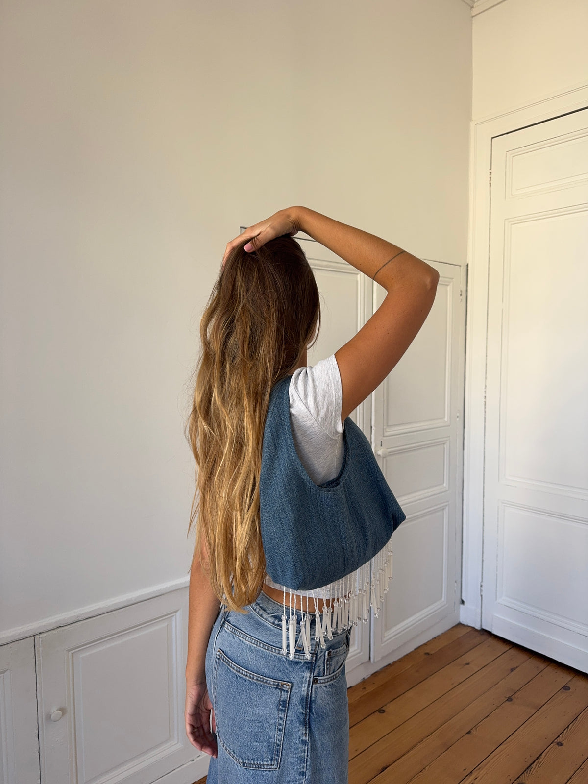 Sac upcyclé denim et perles