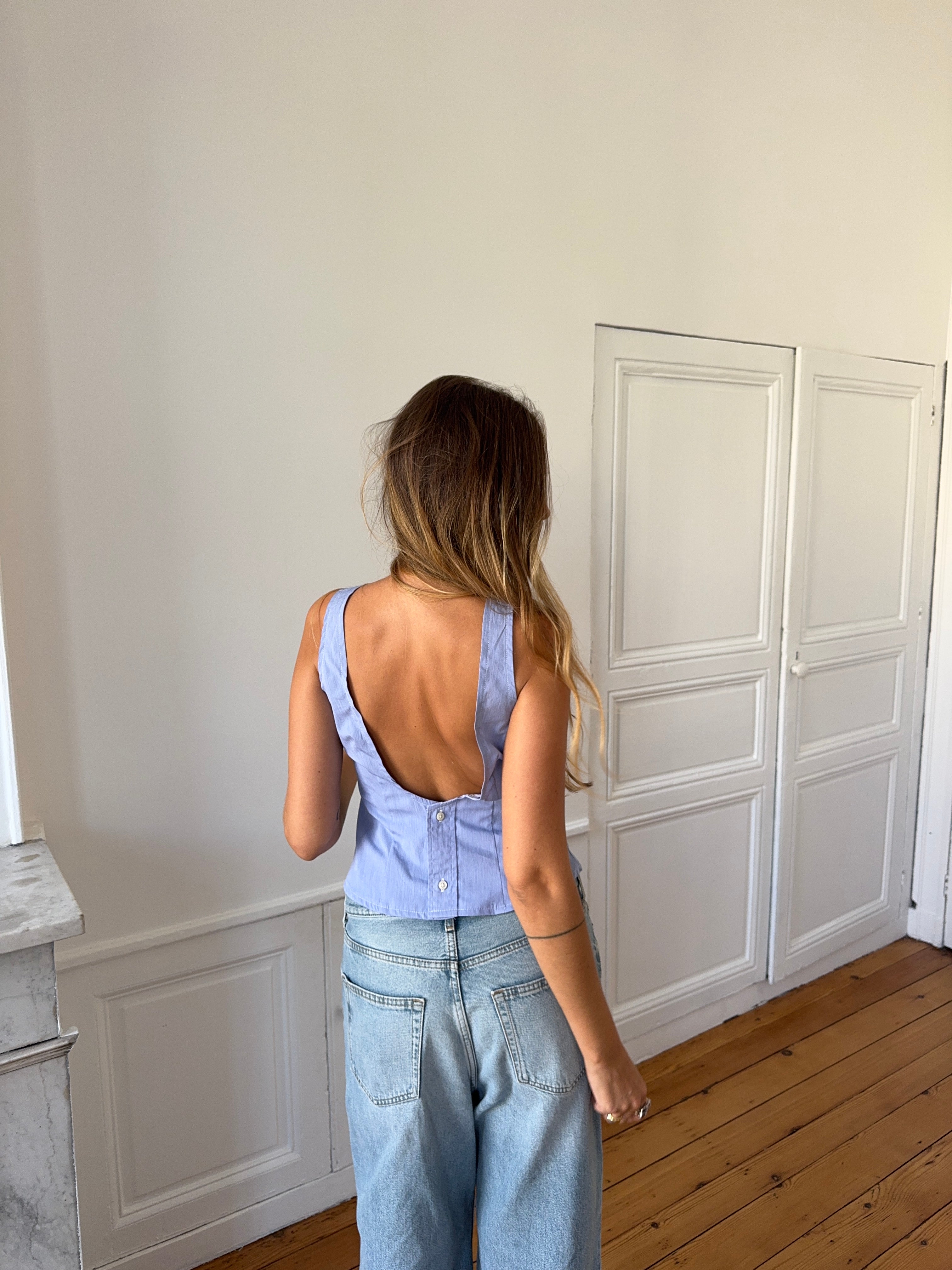 Top dos nu upcyclé bleu chiné - S