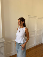 Top dos nu upcyclé blanc à rayures - M