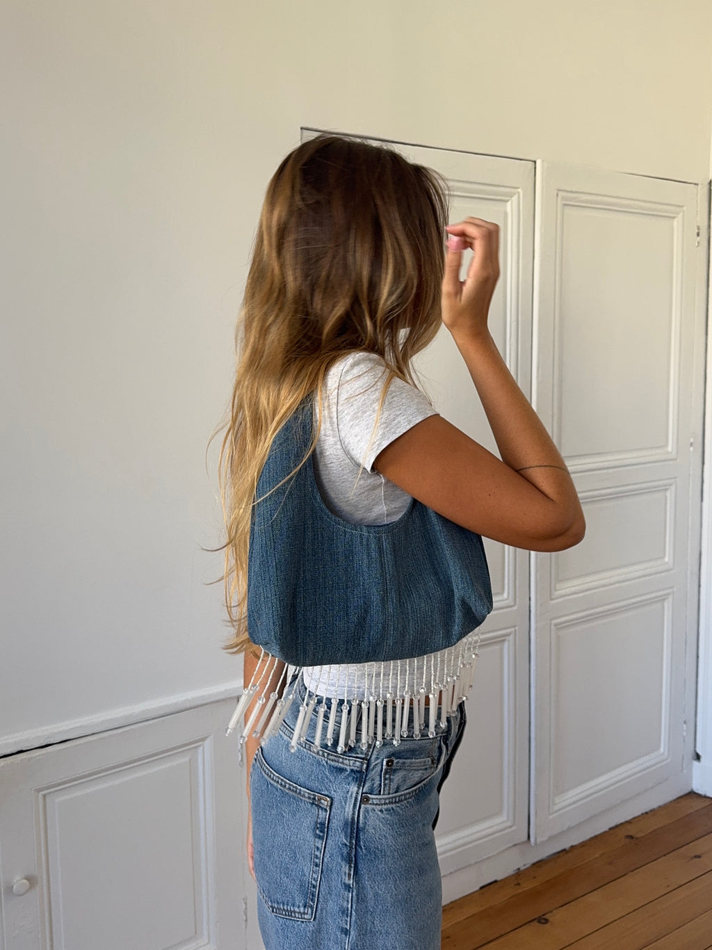 Sac upcyclé denim et perles