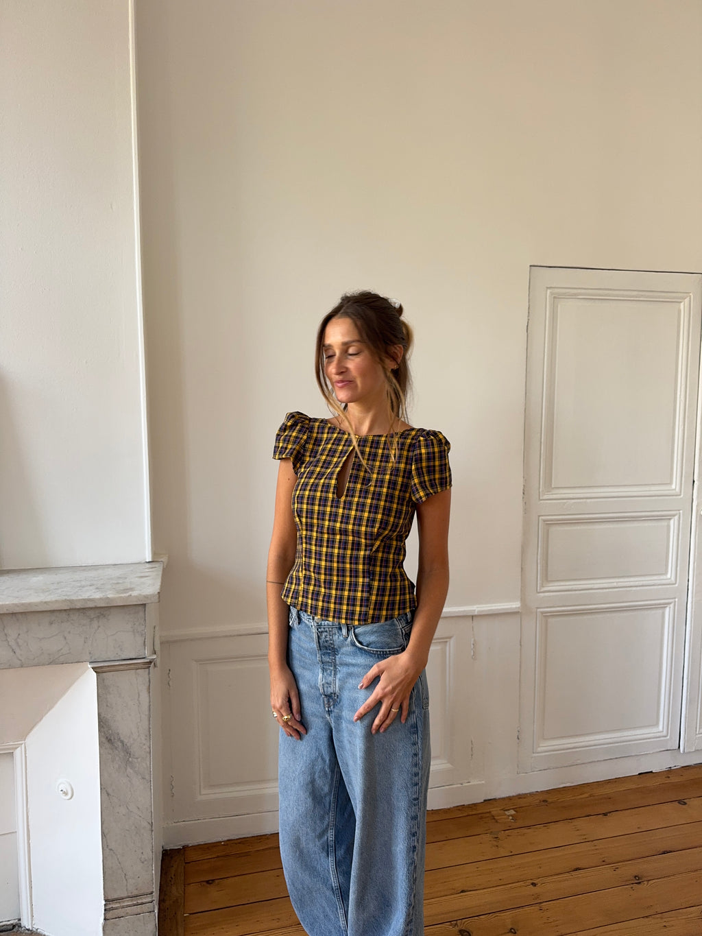 Top dos nu upcyclé à carreaux - S