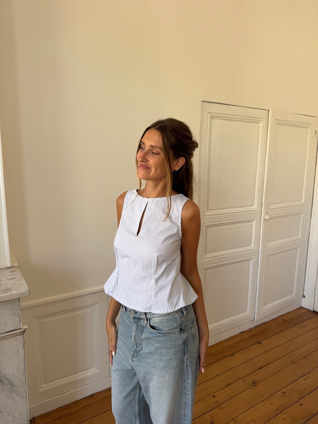 Top dos nu upcyclé blanc à rayures - M