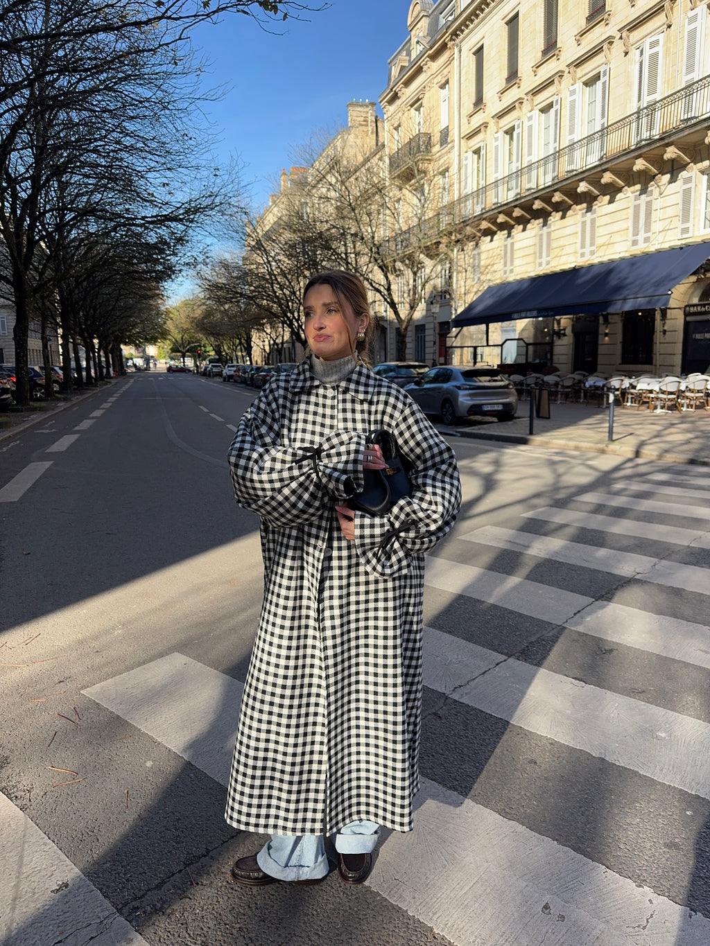 Manteau long laine fine vichy noir et blanc