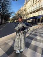 Manteau long laine fine vichy noir et blanc