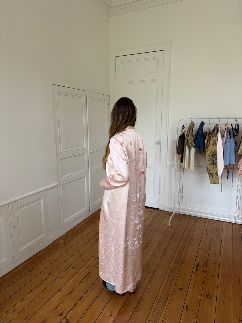 Veste longue upcyclée satinée rose - XS/S