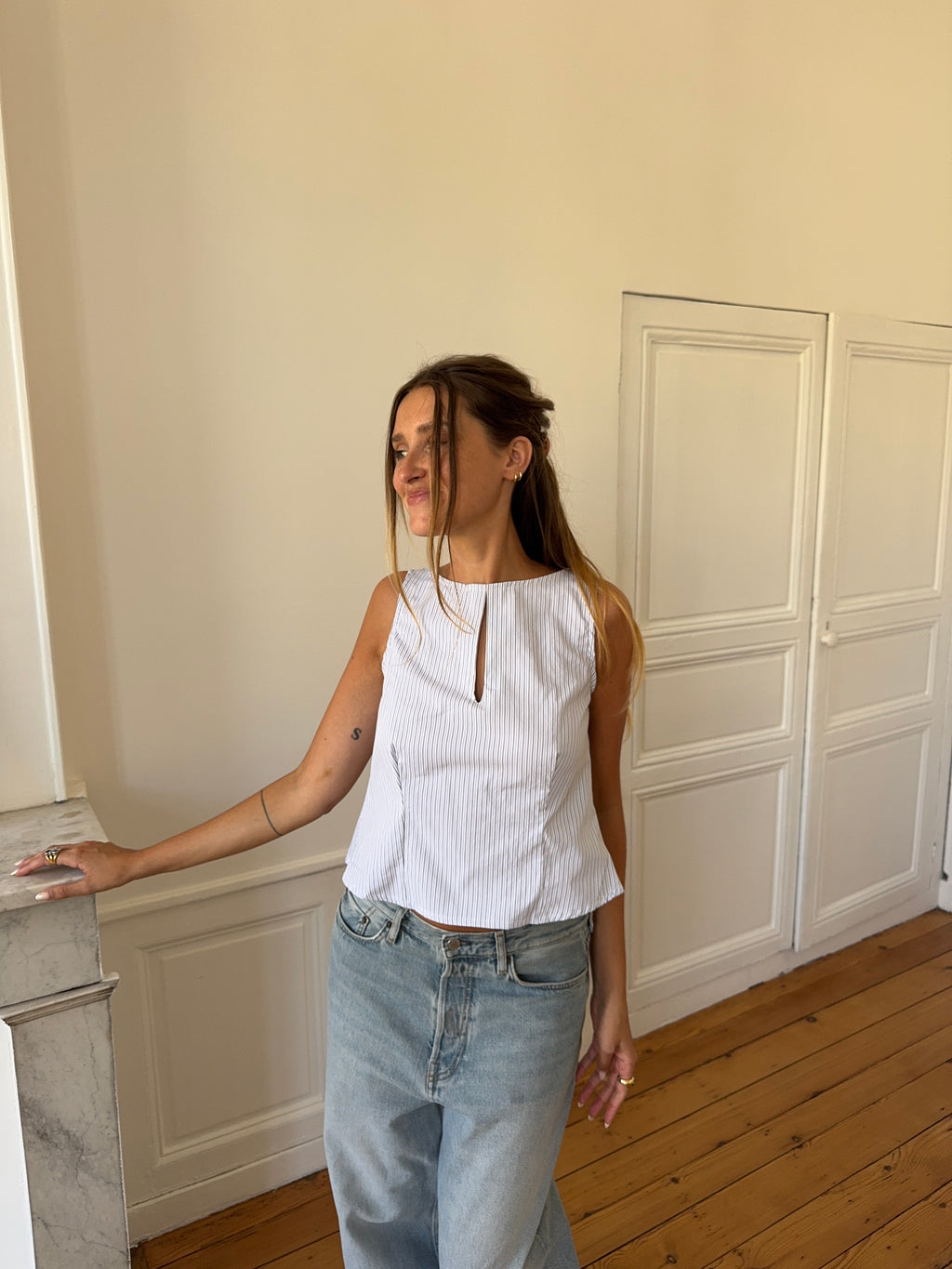 Top dos nu upcyclé blanc à rayures - M
