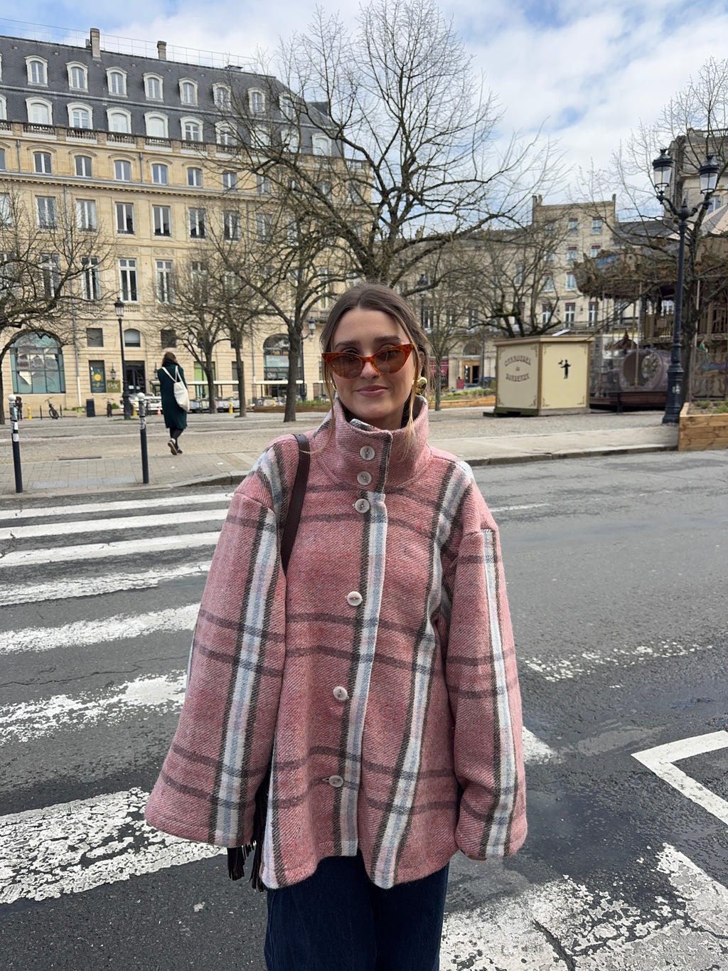 Manteau col montant upcyclé laine à carreaux vintage