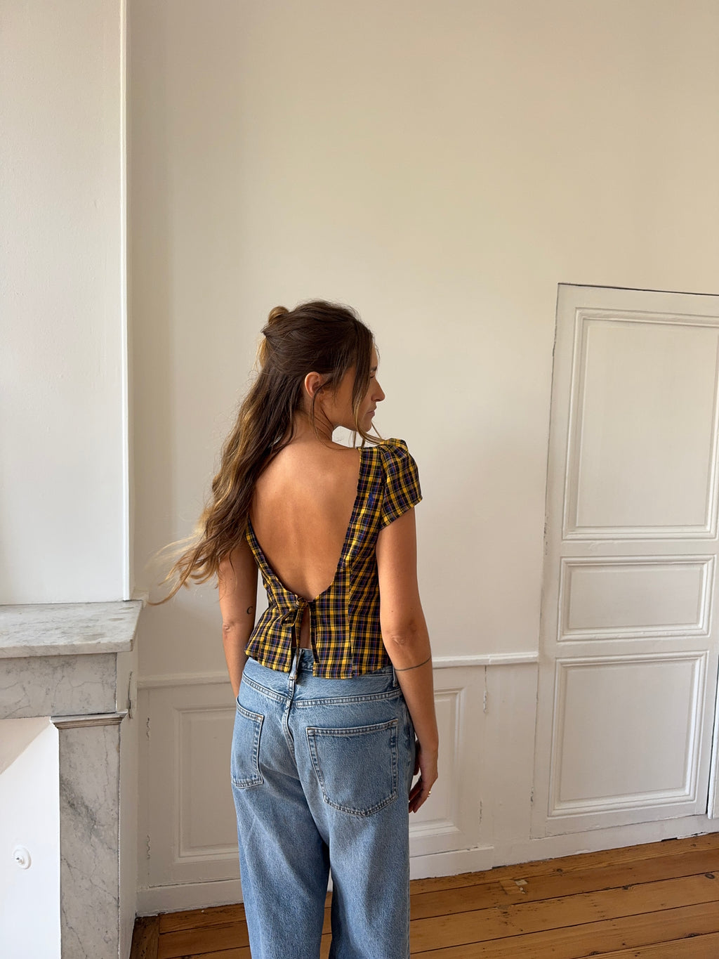 Top dos nu upcyclé à carreaux - S