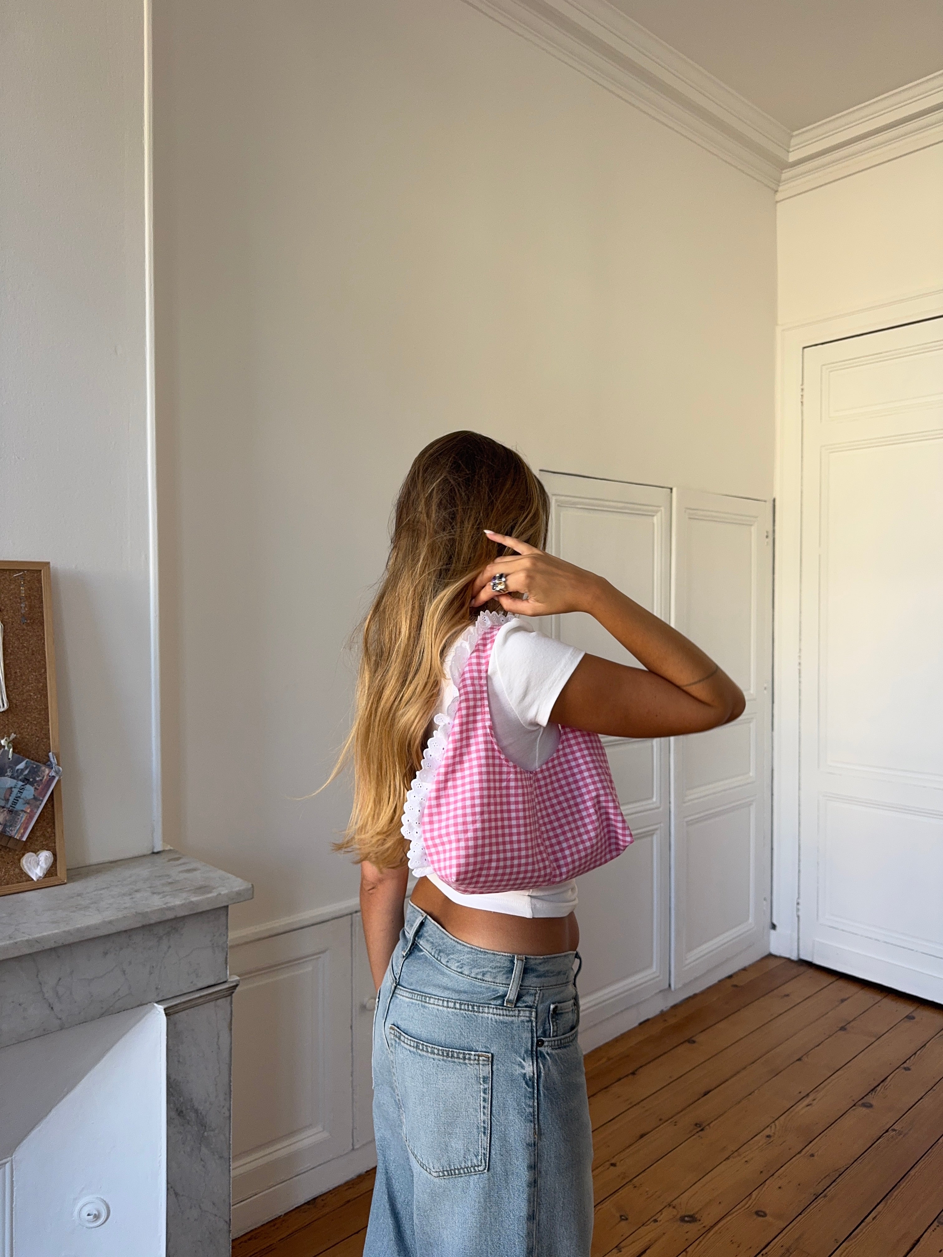 Sac upcyclé vichy et dentelle