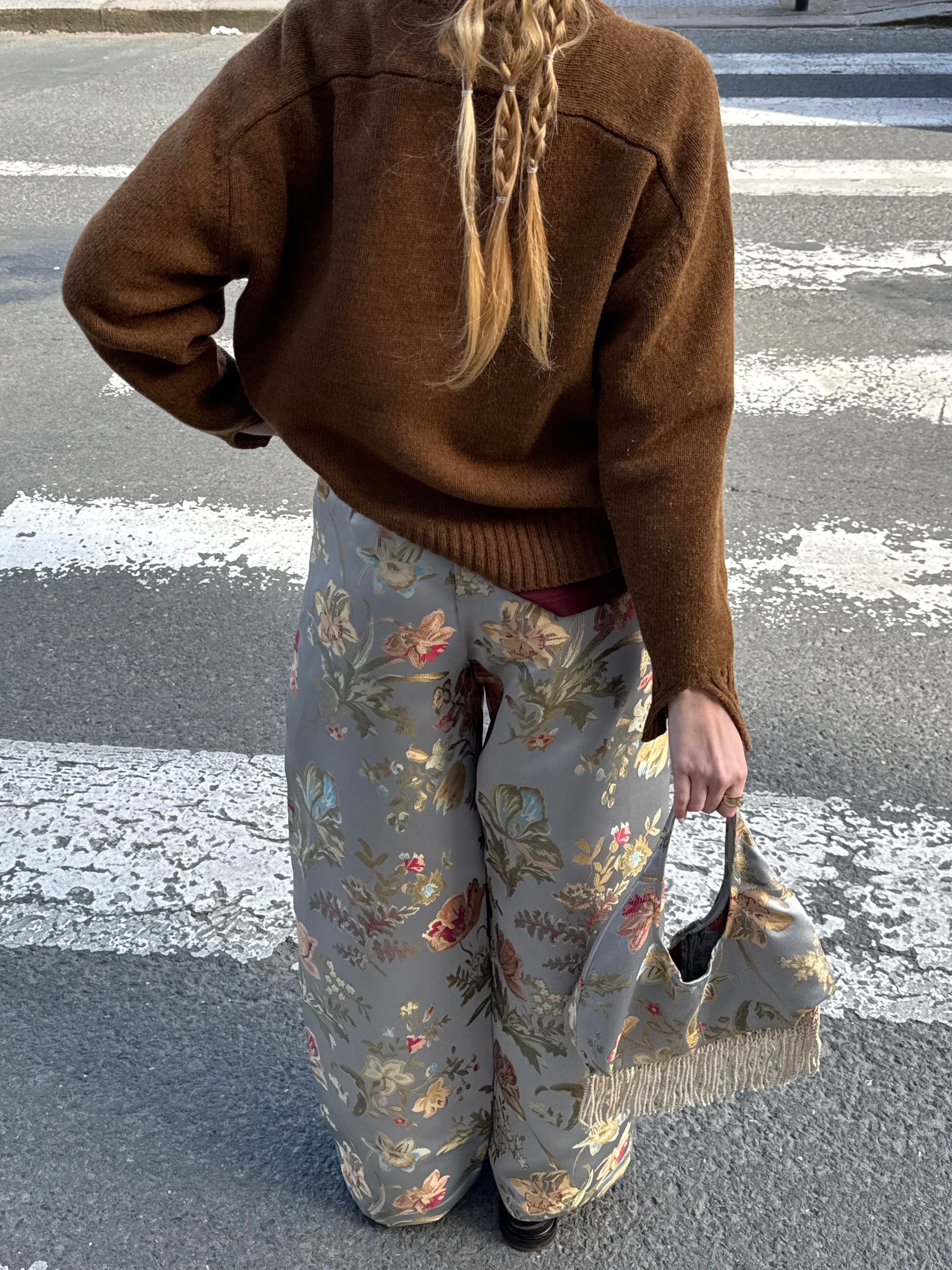 Pantalon upcyclé bleu-vert satiné à motifs vintage