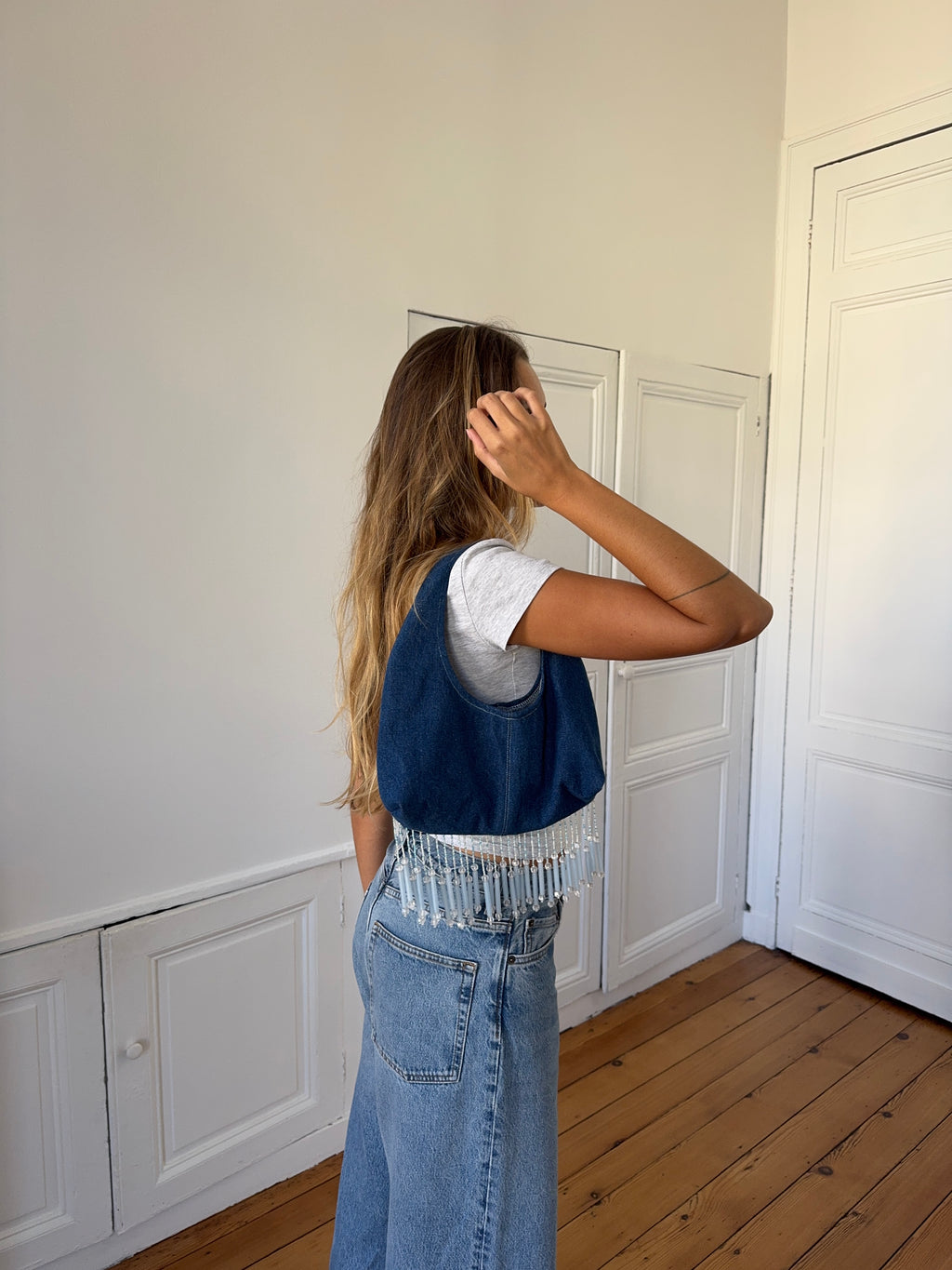 Sac upcyclé denim et perles