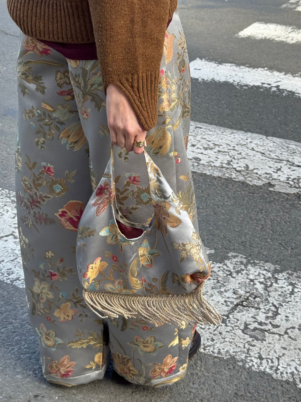 Sac upcyclé bleu-vert à motifs et franges vintage - petit