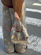 Sac upcyclé bleu-vert à motifs et franges vintage - petit