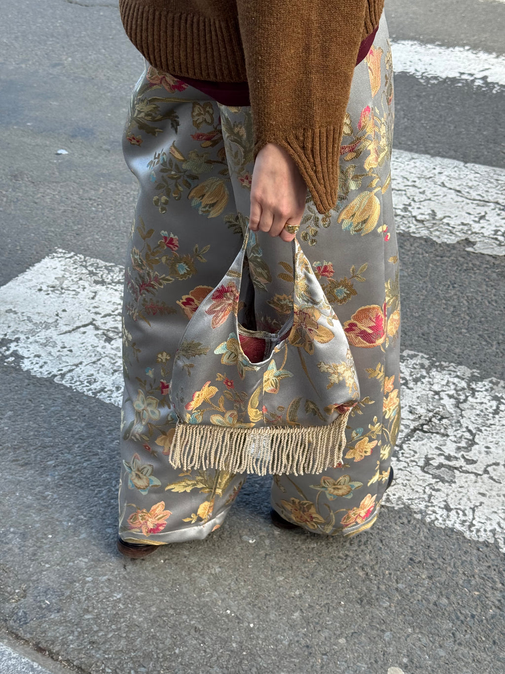 Sac upcyclé bleu-vert à motifs et franges vintage - petit