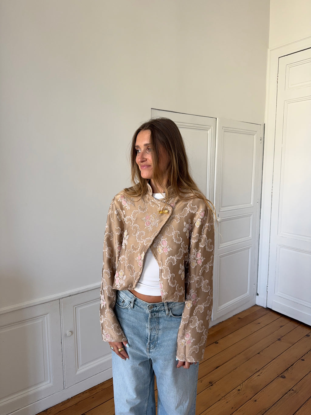 Veste courte upcyclée satinée marron clair - XL