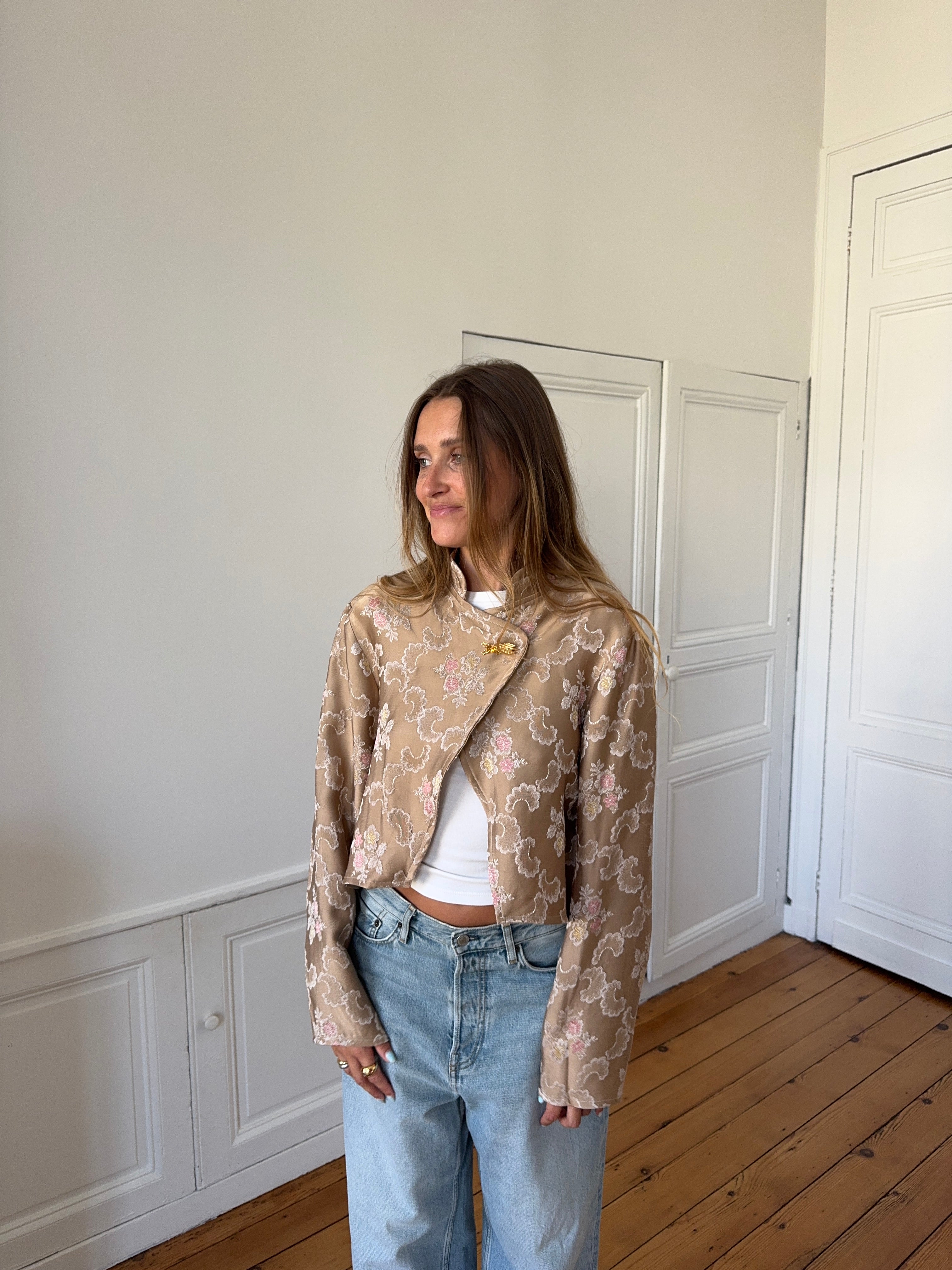 Veste courte upcyclée satinée marron clair - XL