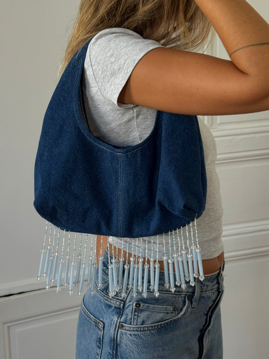 Sac upcyclé denim et perles