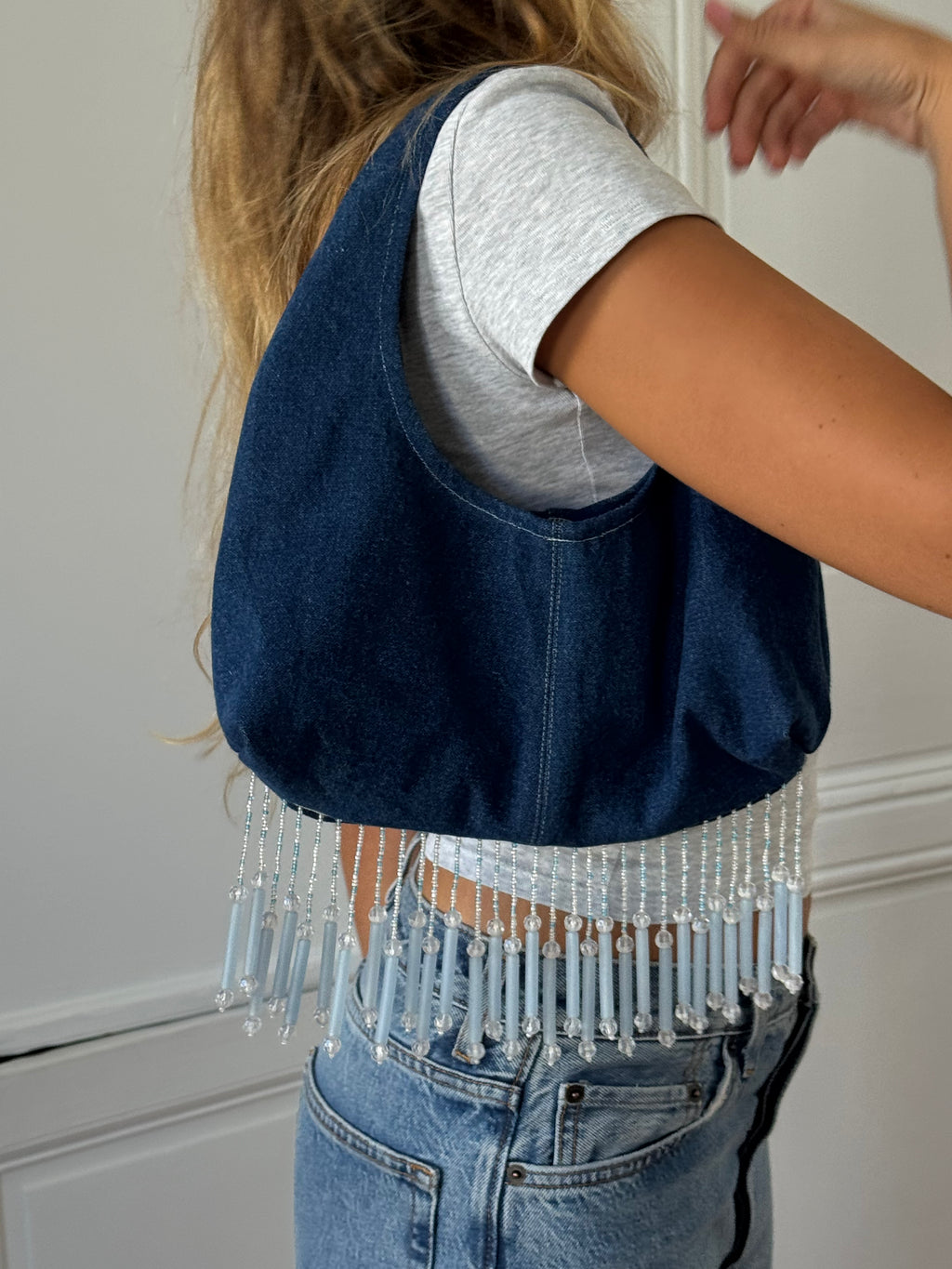 Sac upcyclé denim et perles