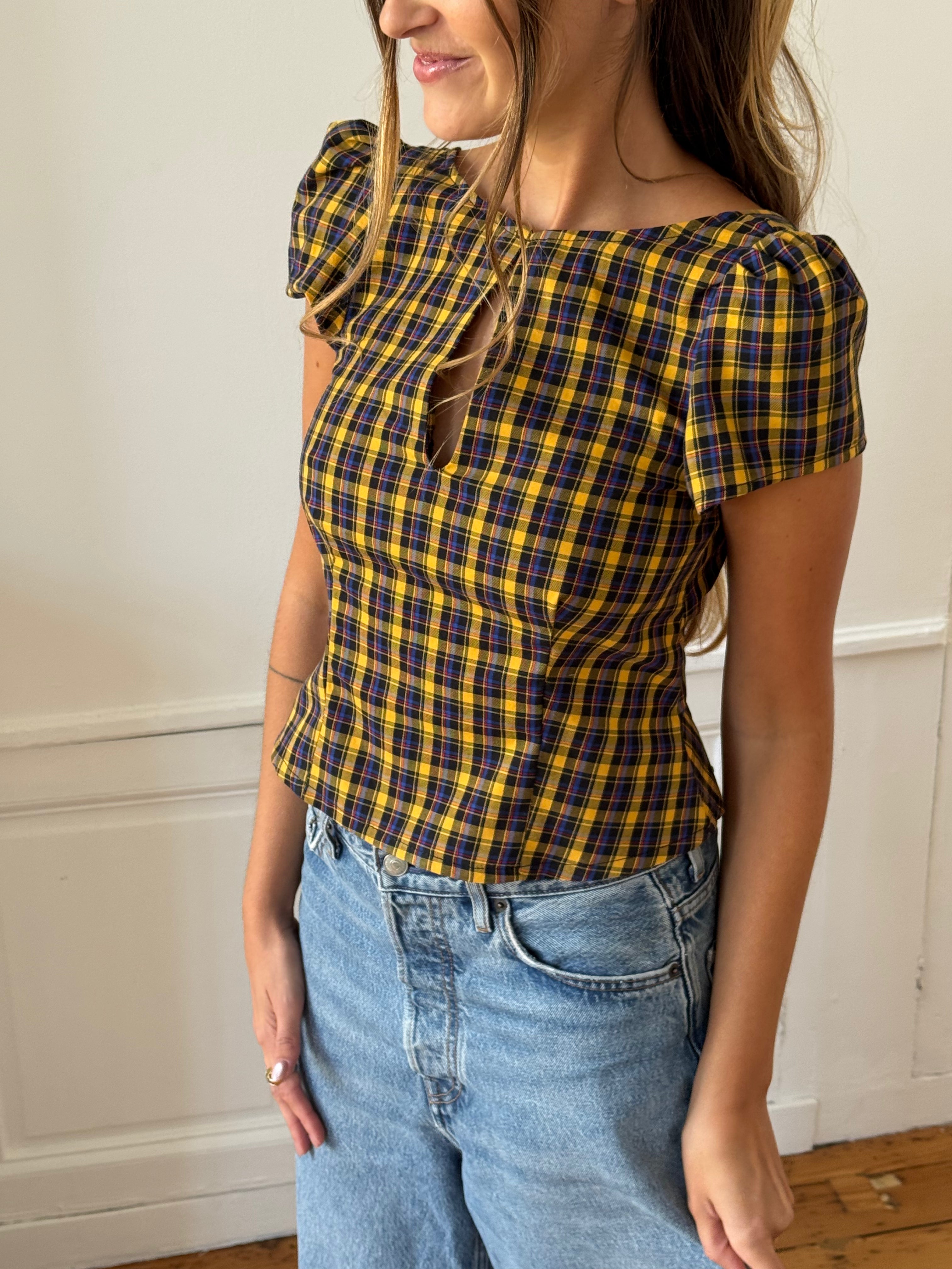 Top dos nu upcyclé à carreaux - S