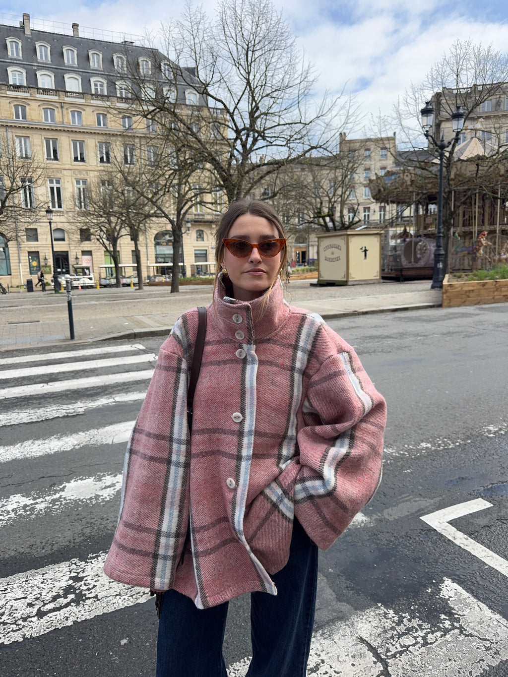 Manteau col montant upcyclé laine à carreaux vintage
