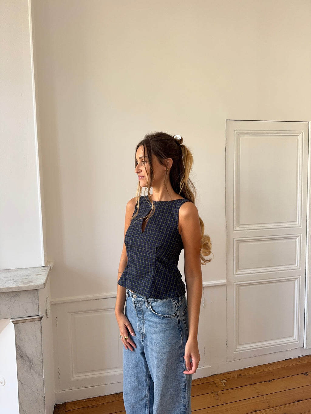 Top dos nu upcyclé à carreaux - XS