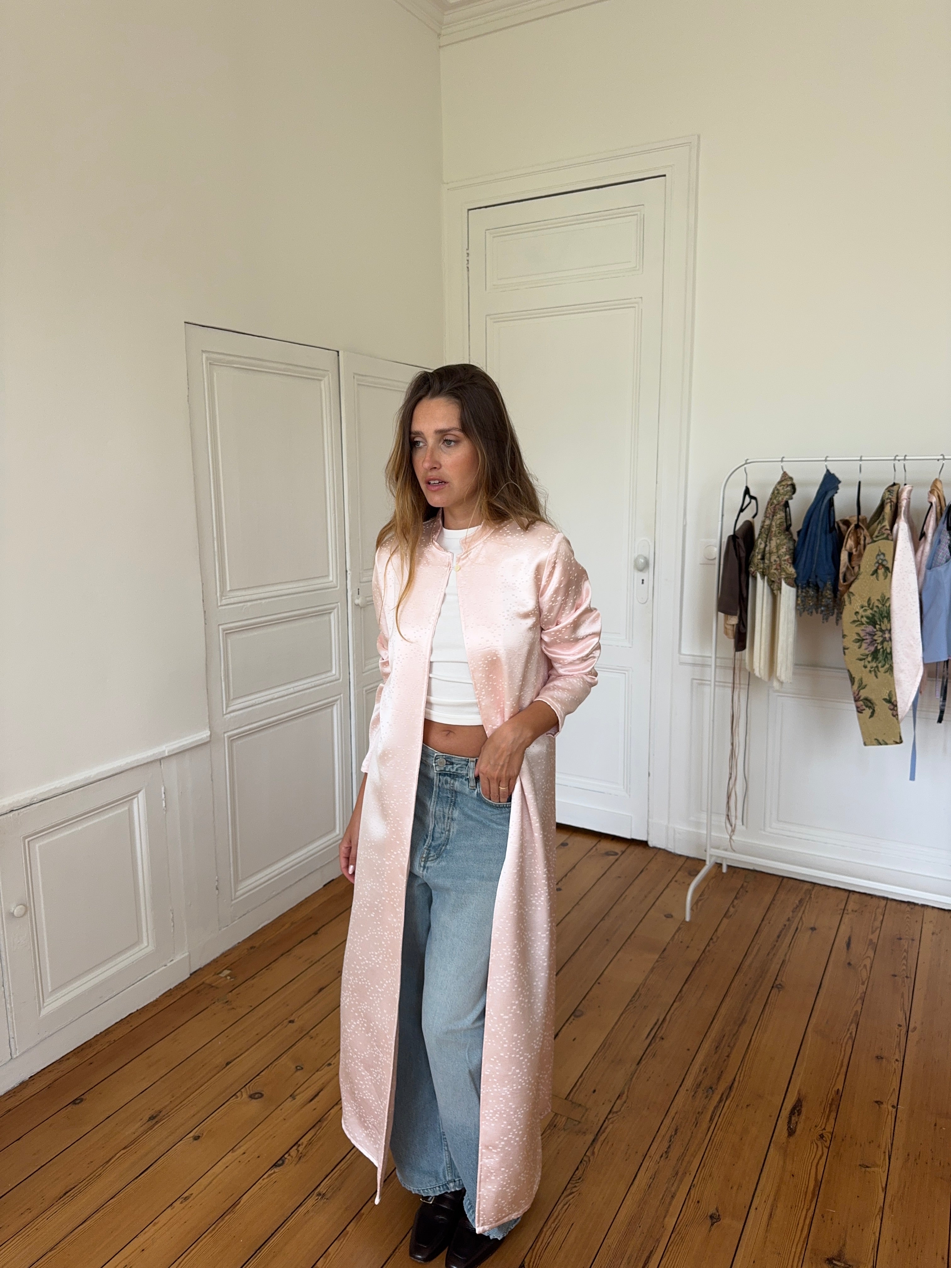 Veste longue upcyclée satinée rose - XS/S