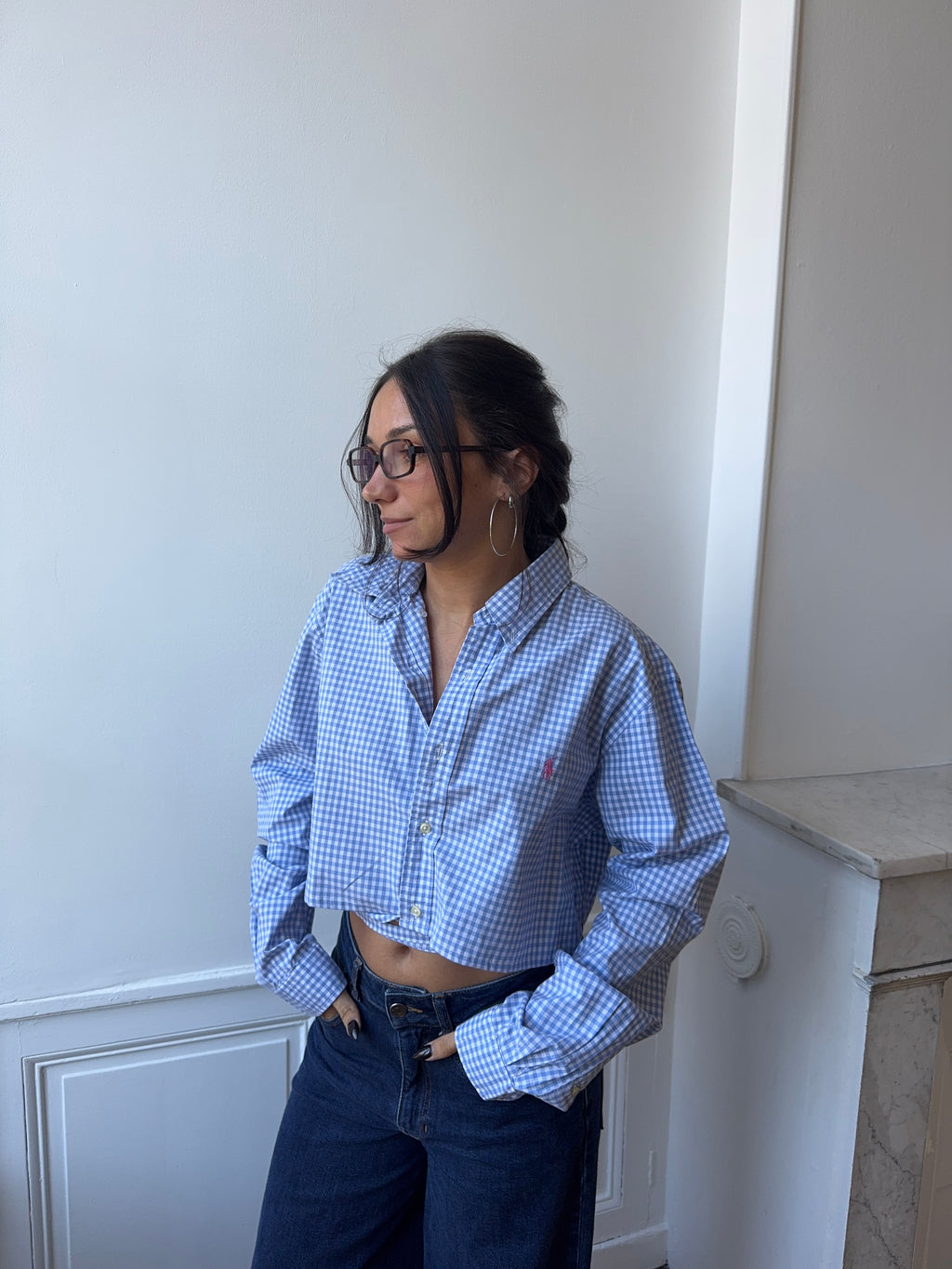 Chemise upcyclée dos nu vichy bleu