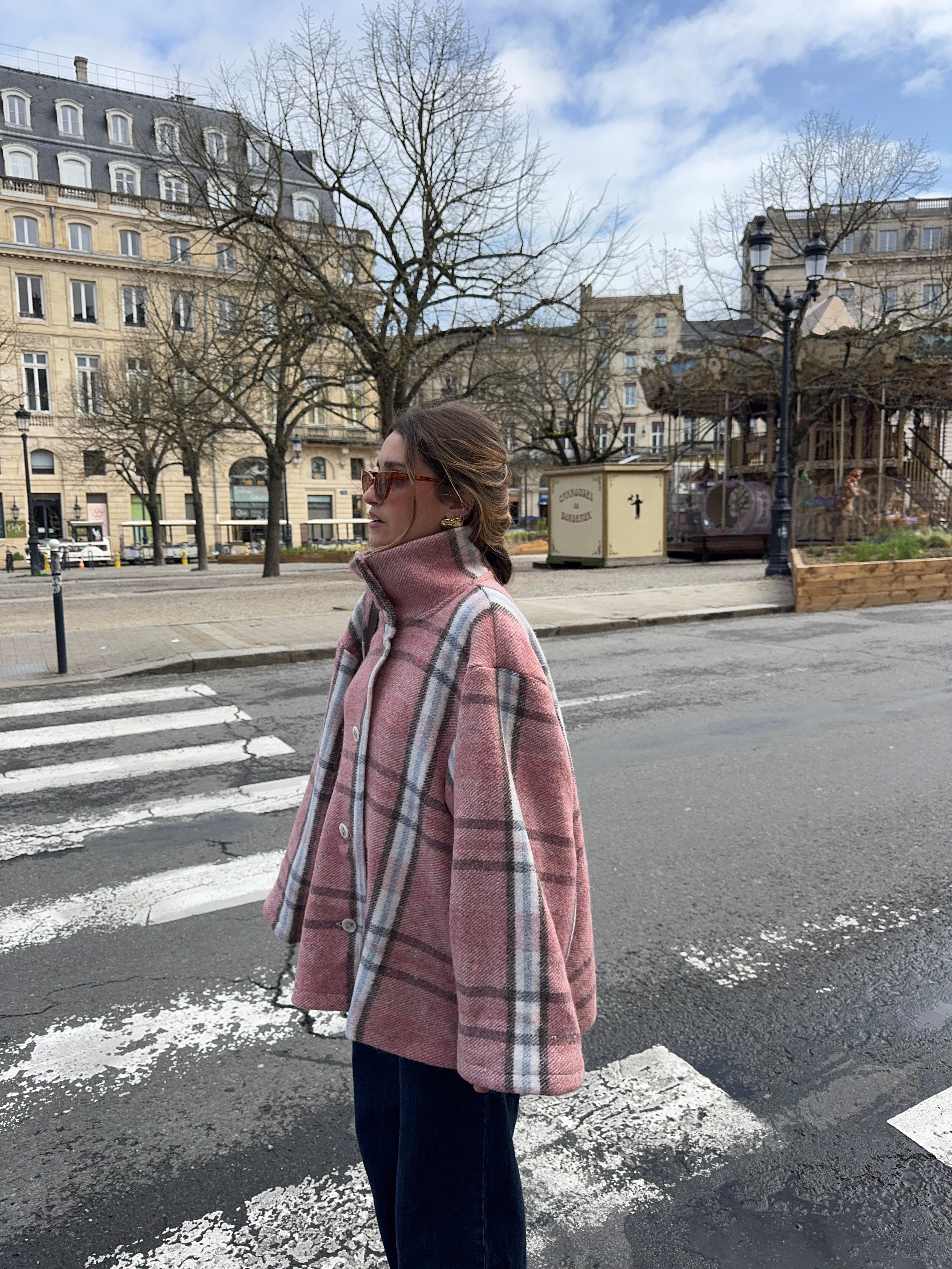 Manteau col montant upcyclé laine à carreaux vintage