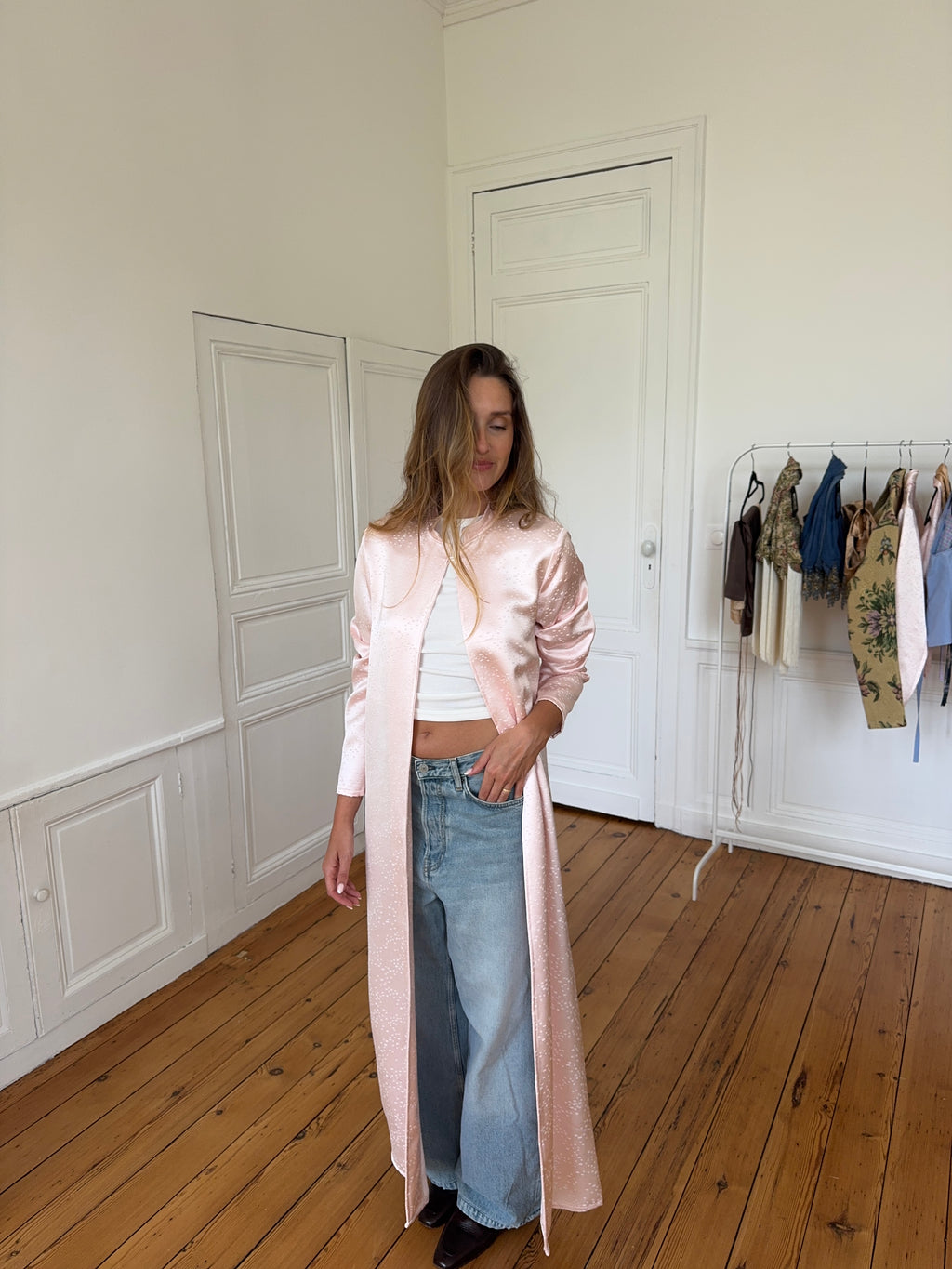 Veste longue upcyclée satinée rose - XS/S