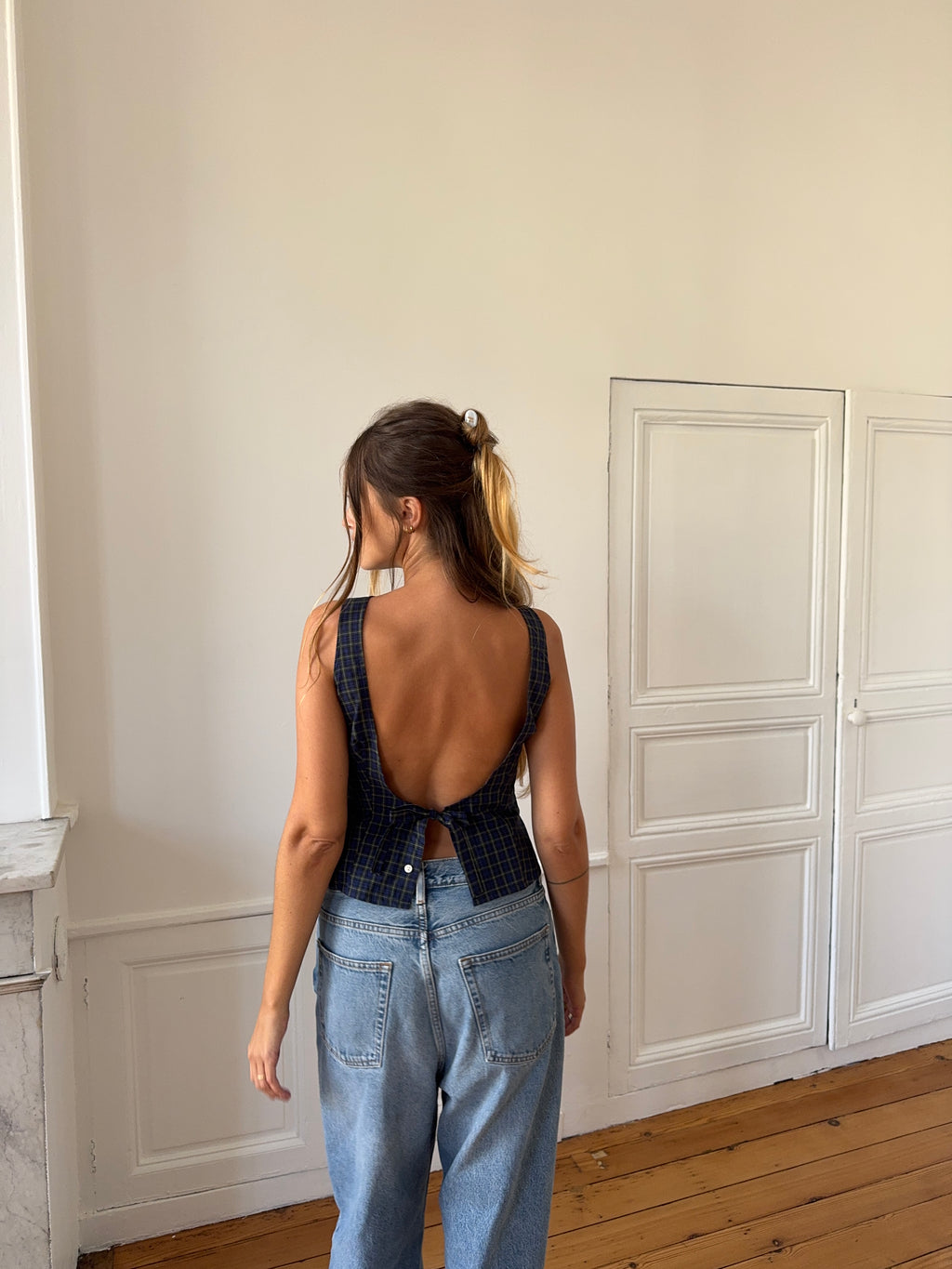 Top dos nu upcyclé à carreaux - XS