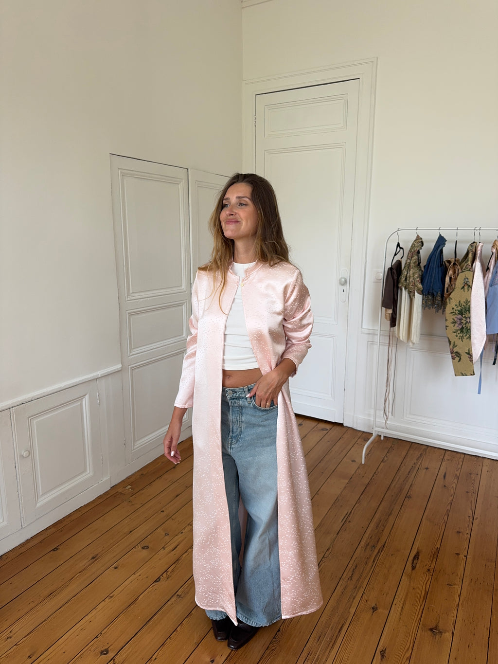 Veste longue upcyclée satinée rose - XS/S