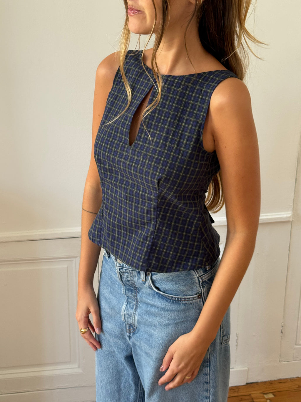 Top dos nu upcyclé à carreaux - XS