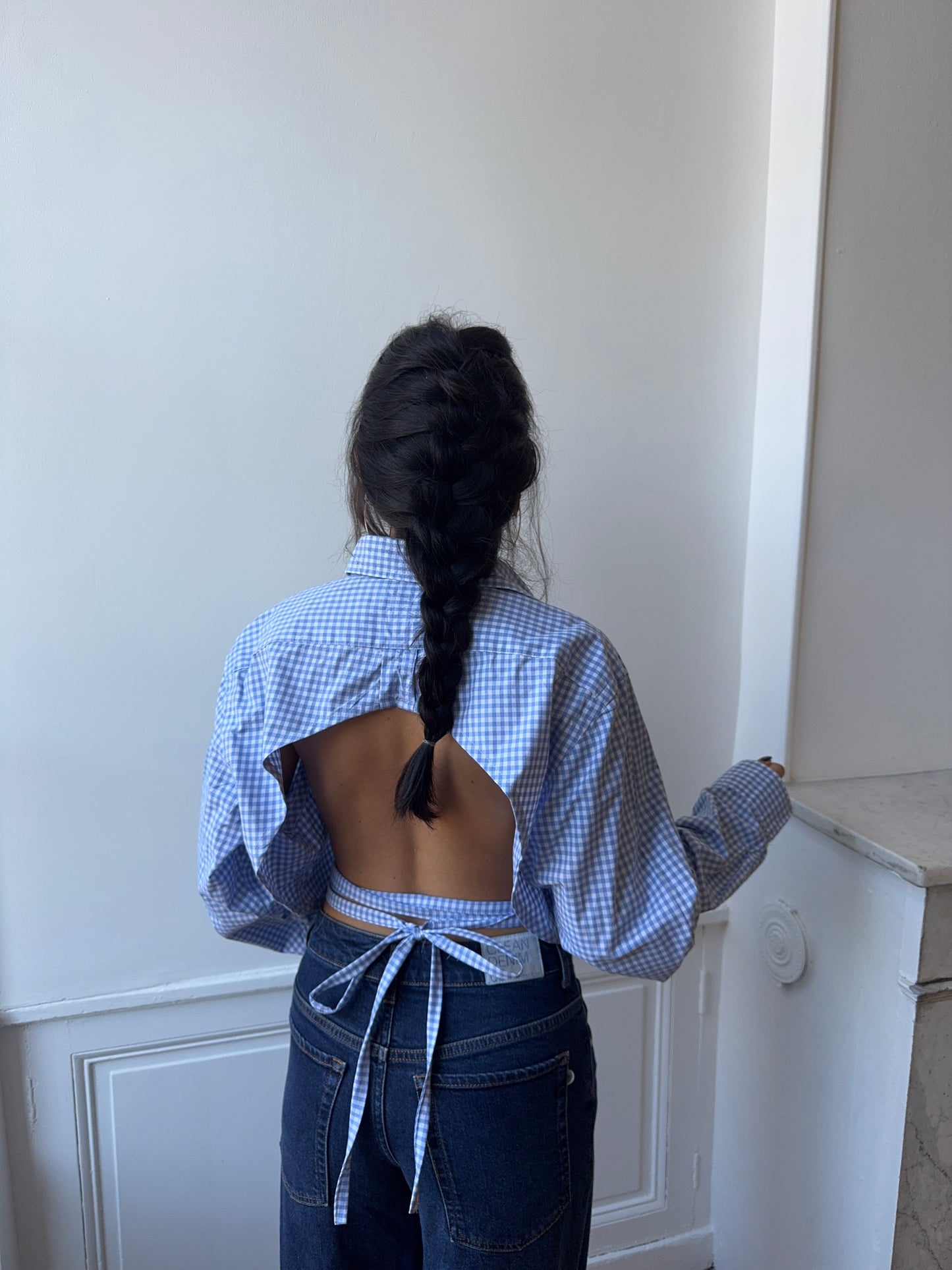 Chemise upcyclée dos nu vichy bleu