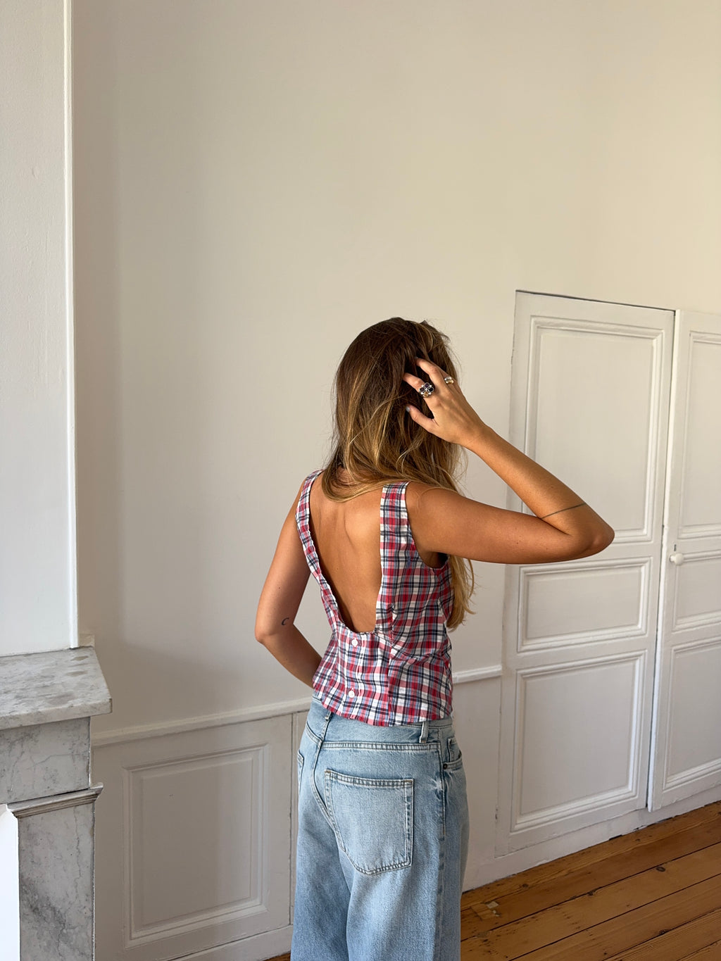 Top dos nu upcyclé à carreaux - M