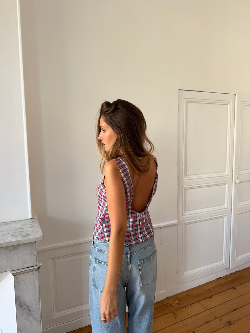 Top dos nu upcyclé à carreaux - M