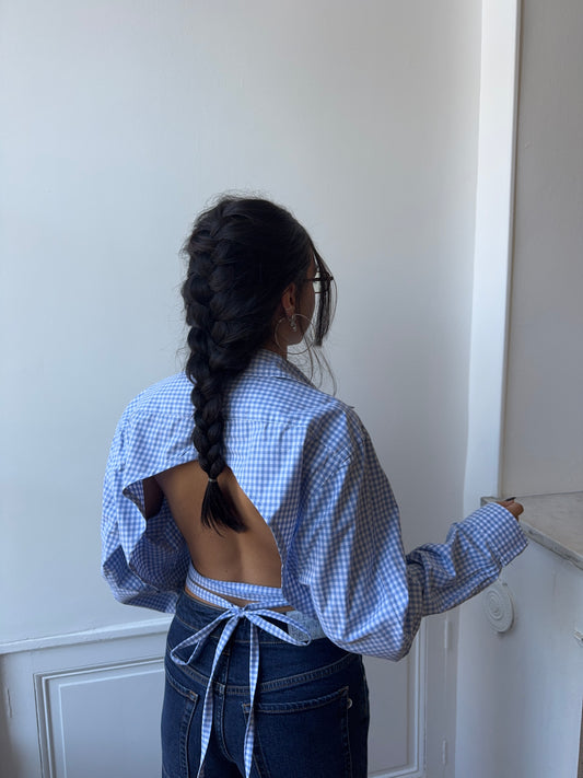 Chemise upcyclée dos nu vichy bleu
