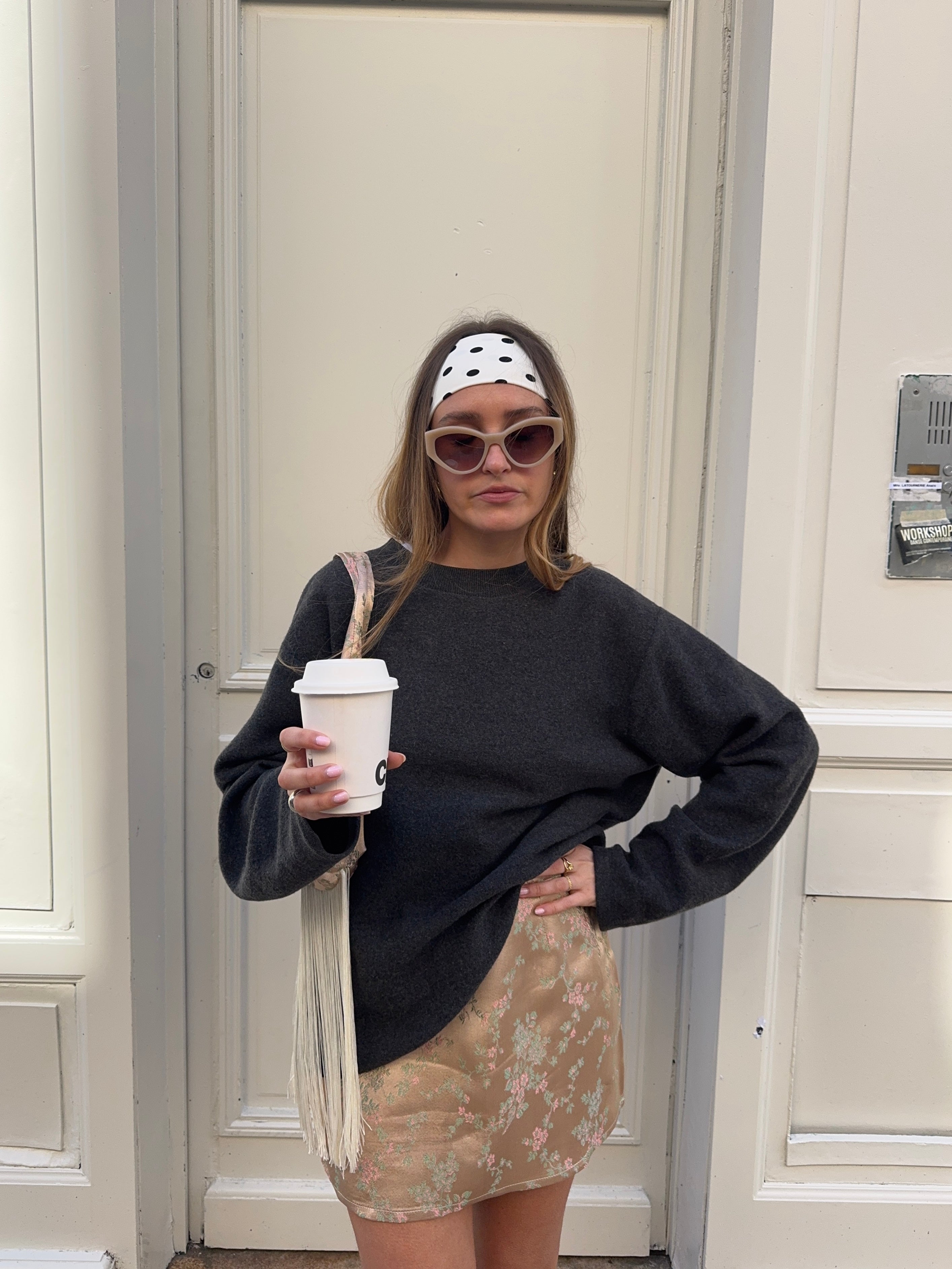 Jupe upcyclée satinée cuivrée à motifs vintage