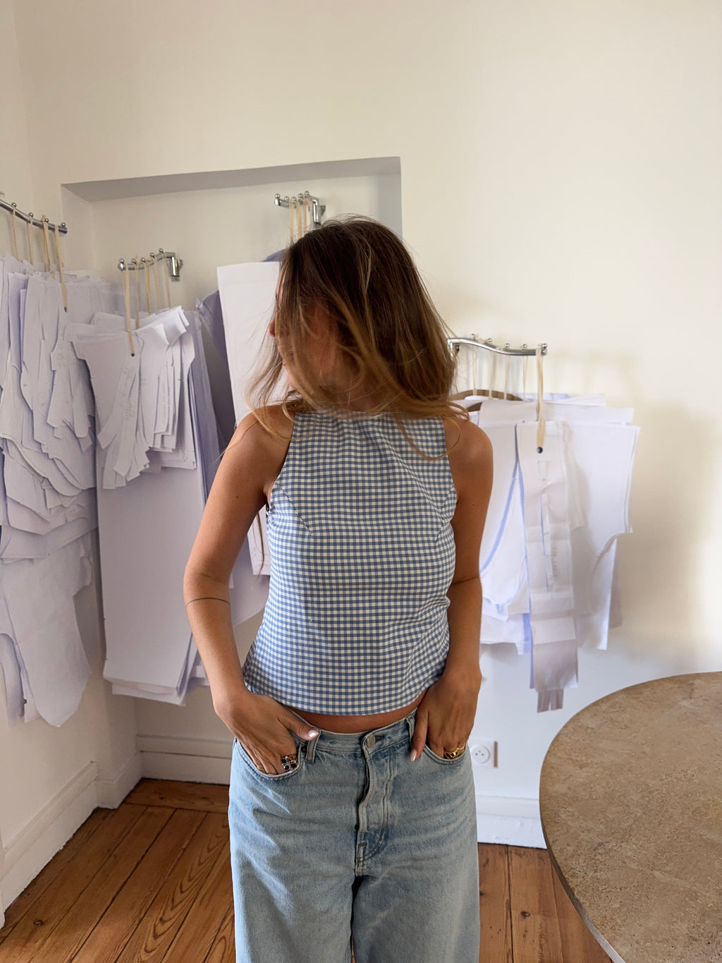 Top dos nu upcyclé vichy bleu clair