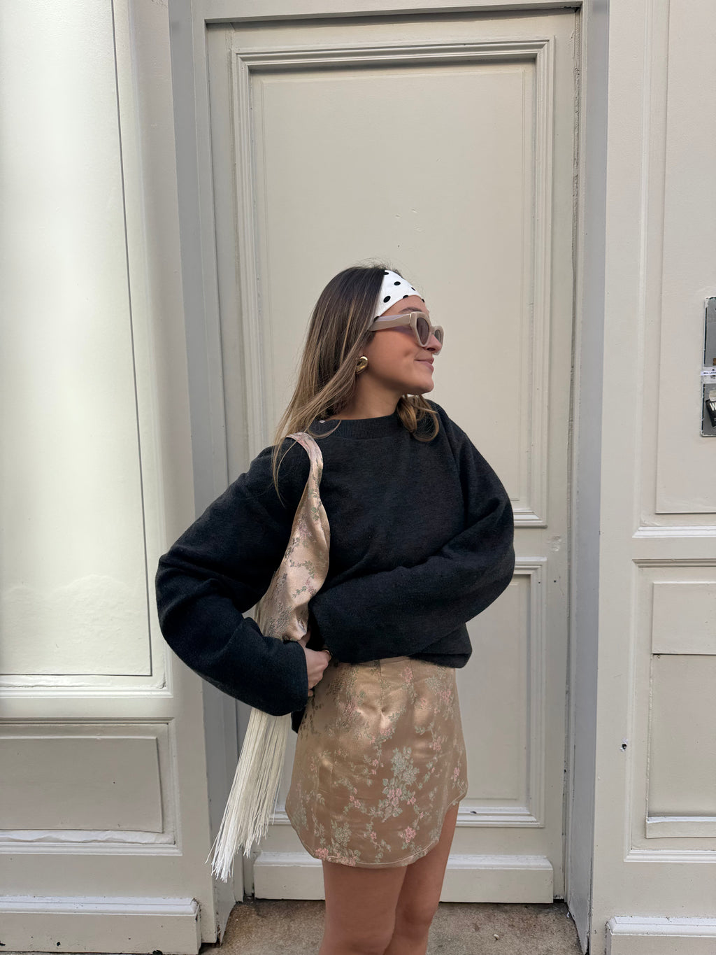 Jupe upcyclée satinée cuivrée à motifs vintage