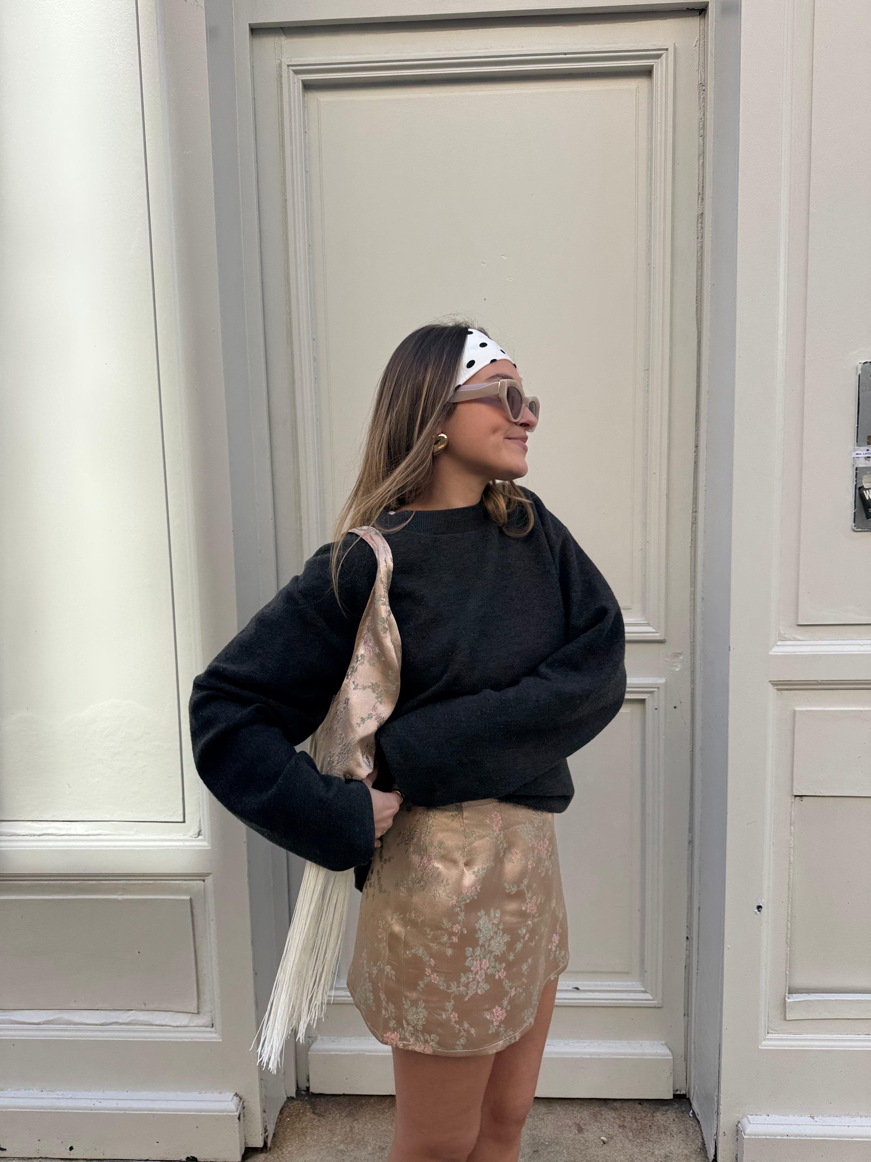 Jupe upcyclée satinée cuivrée à motifs vintage