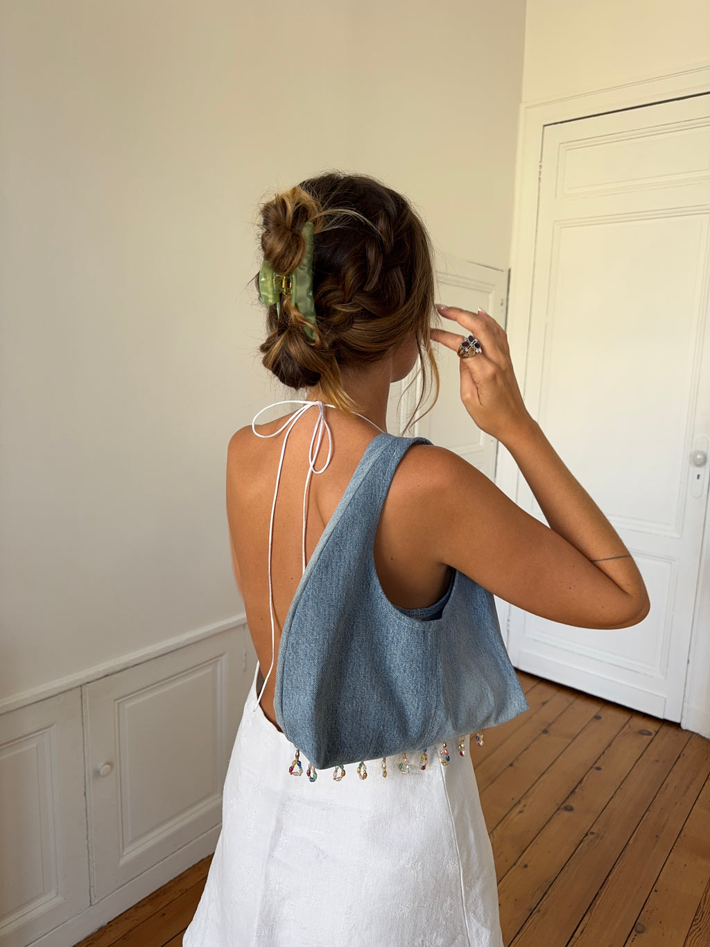 Sac upcyclé denim et perles