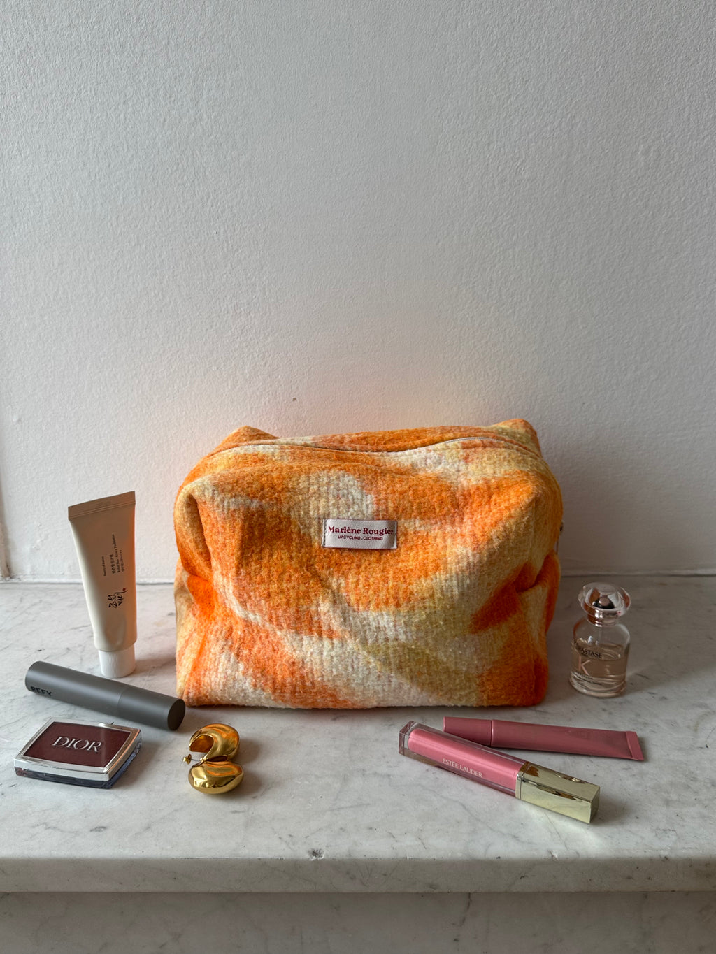 Trousse upcyclée laine orange à motifs vintage - grande