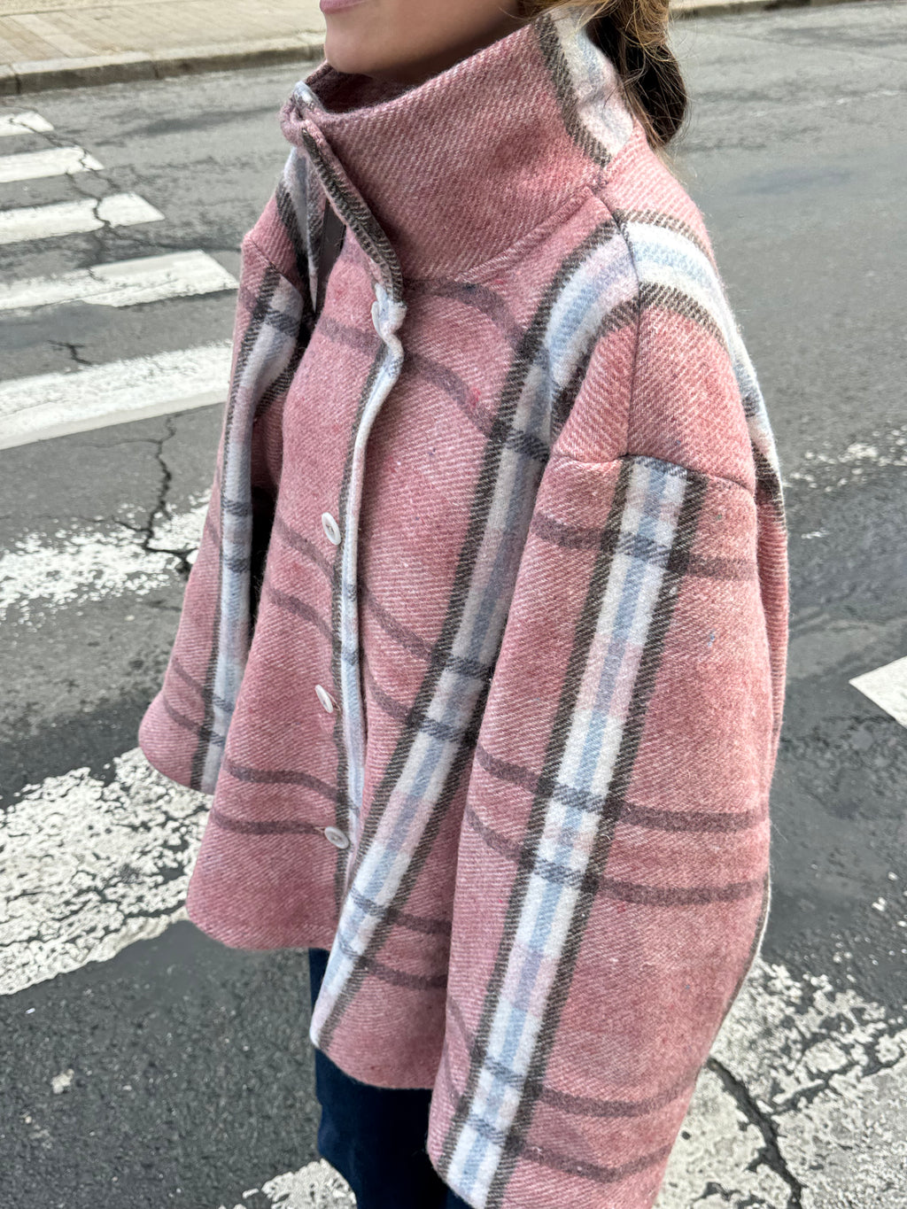 Manteau col montant upcyclé laine à carreaux vintage