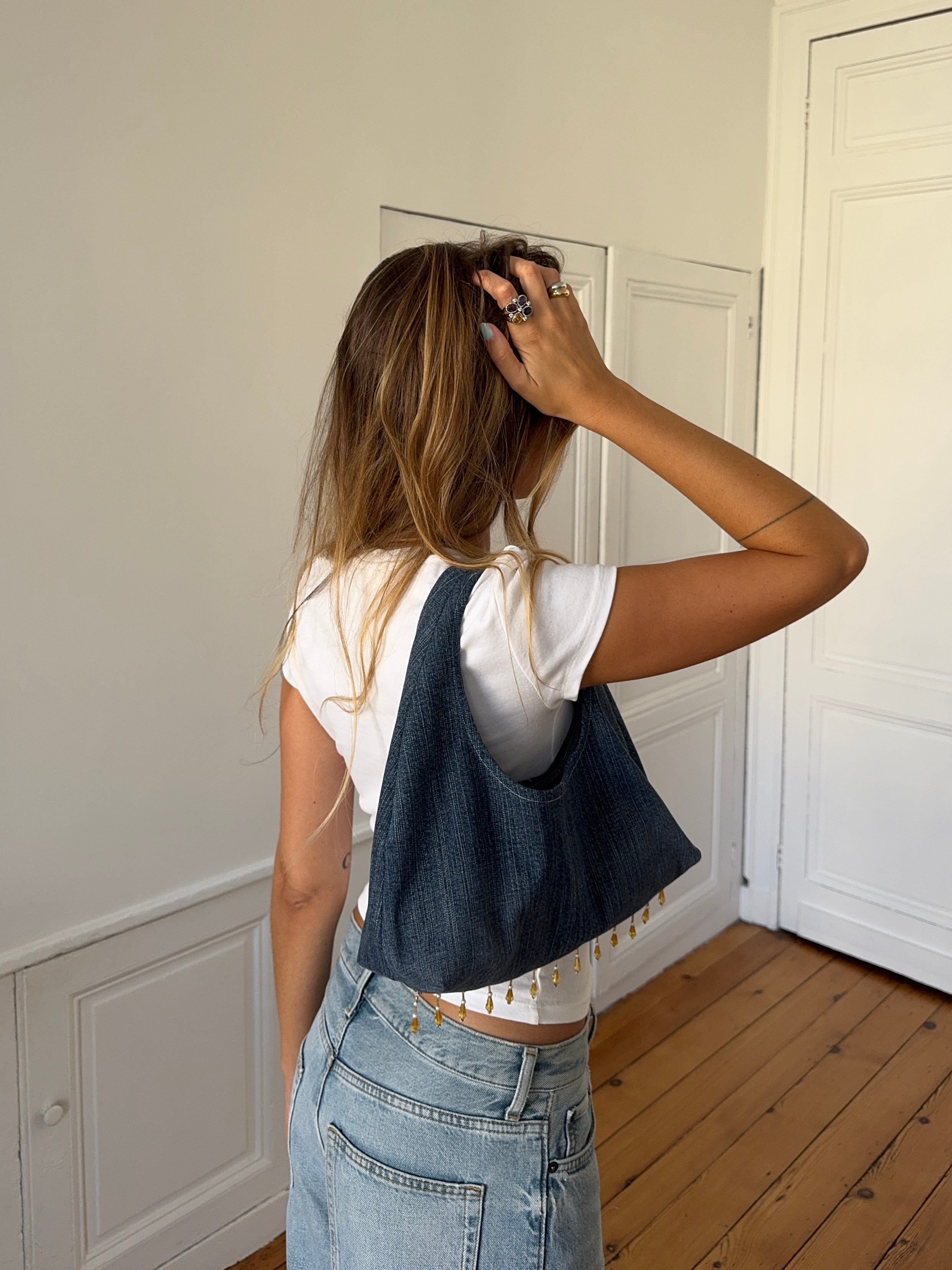 Sac upcyclé denim et perles