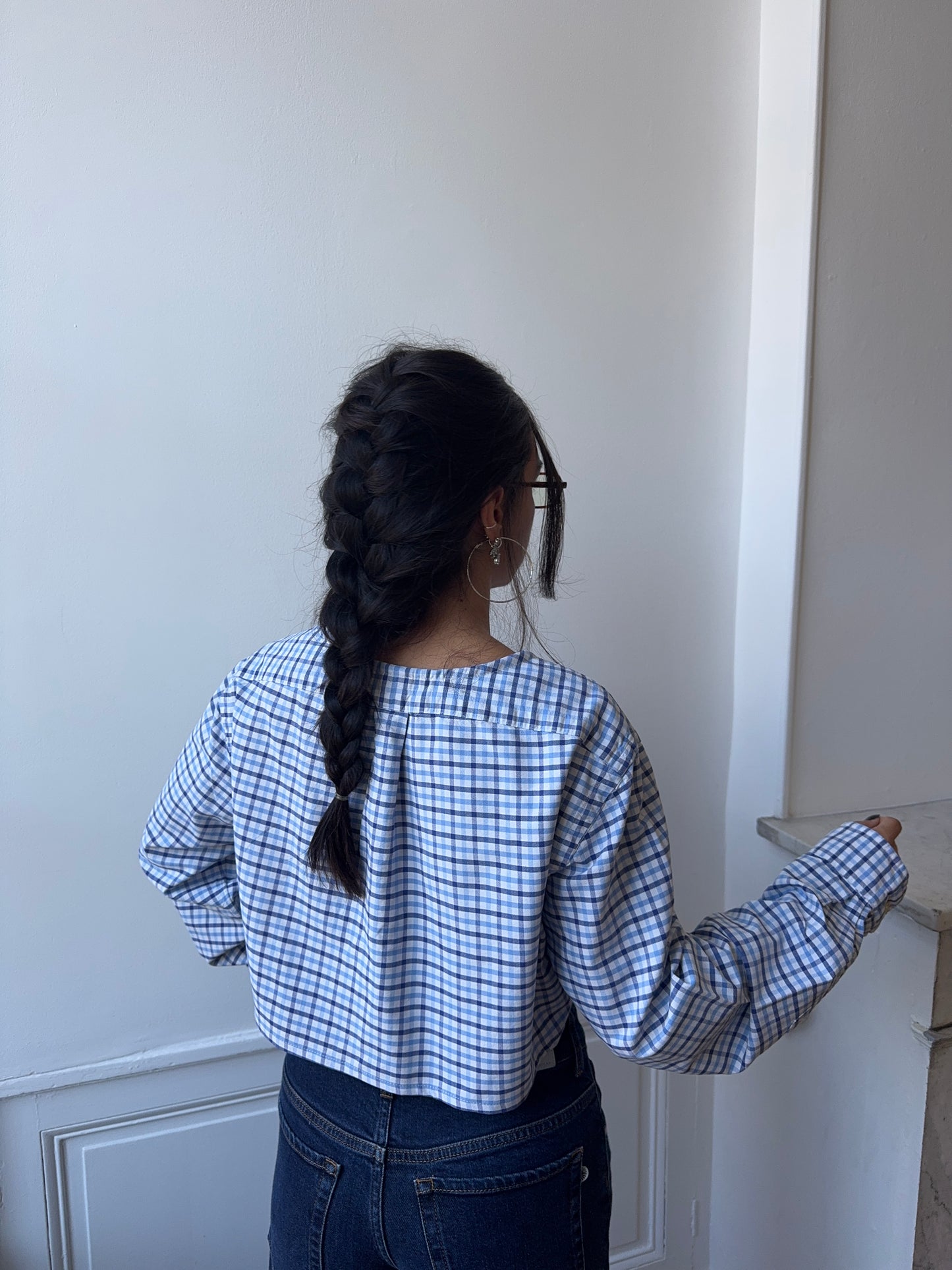 Chemise upcyclée cache-cœur à carreaux bleus
