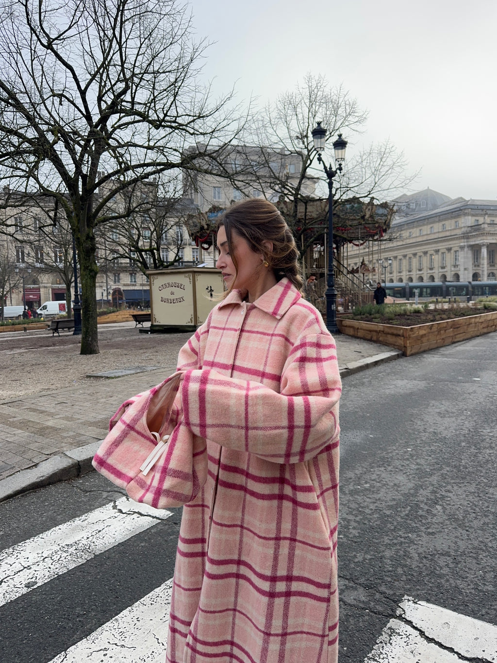 Sac upcyclé laine rose à carreaux vintage - petit