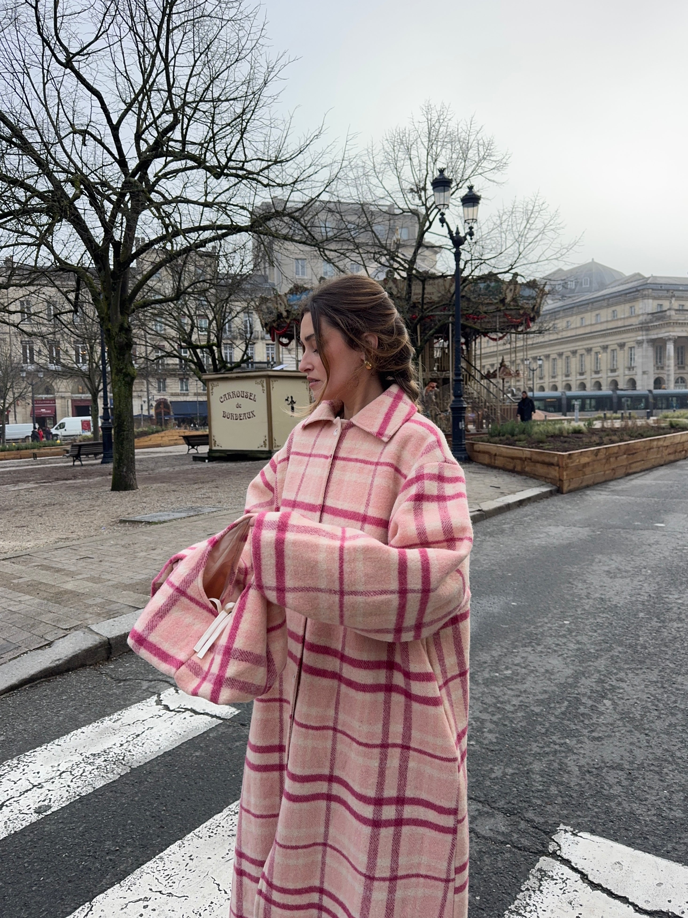 Sac upcyclé laine rose à carreaux vintage - petit