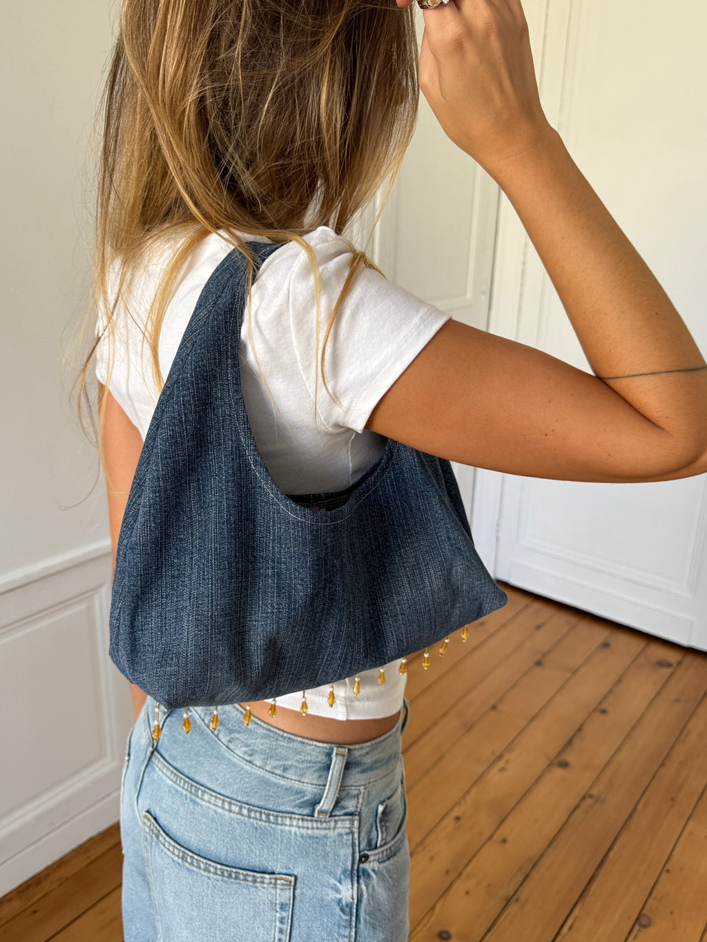 Sac upcyclé denim et perles