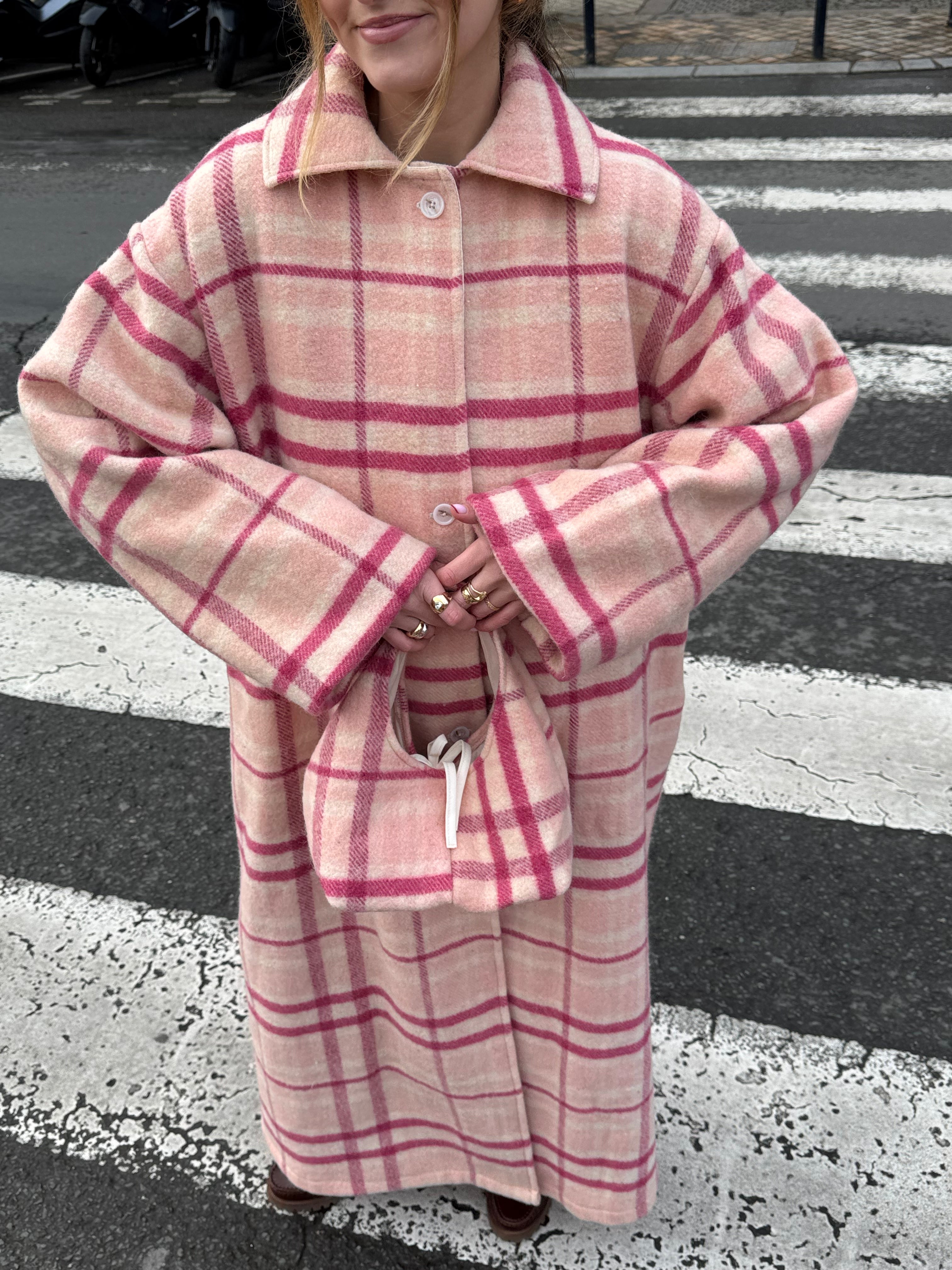 Sac upcyclé laine rose à carreaux vintage - petit