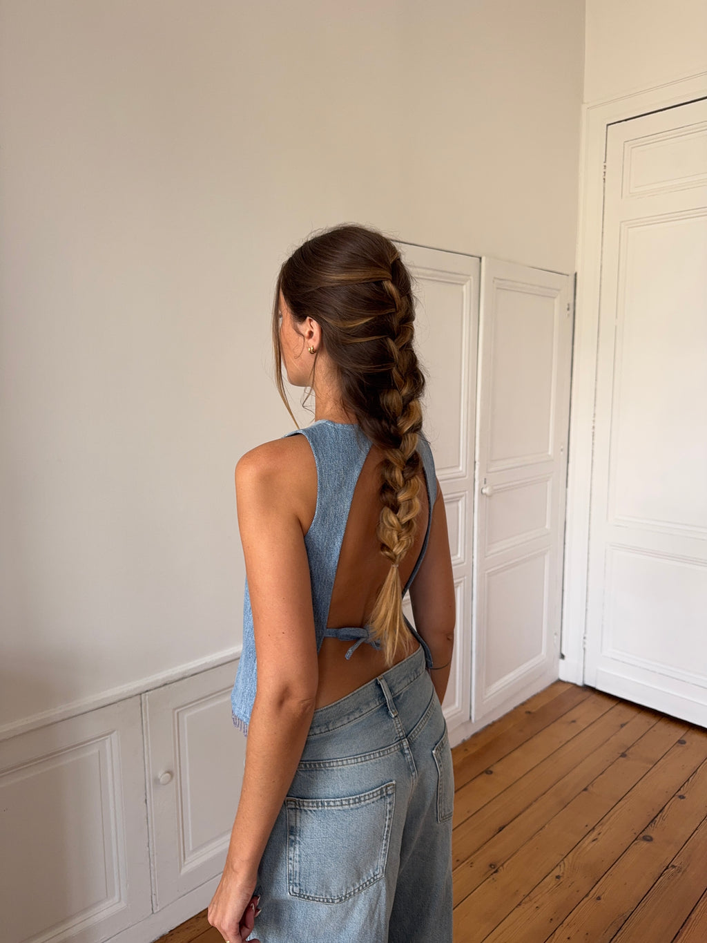 Top dos nu upcyclé denim et franges - XS